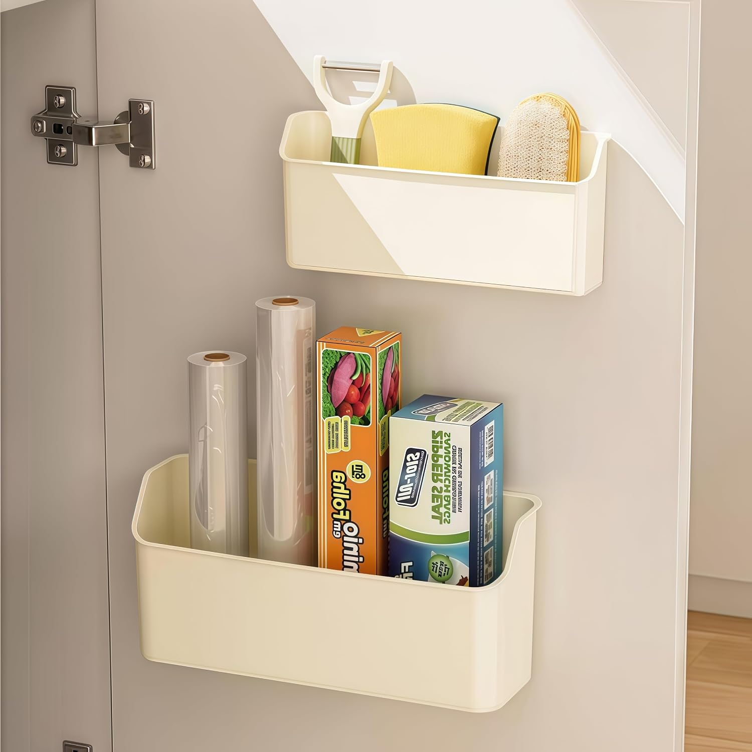 2 Pack Cabinet Door Organizer, Shower Organizer, Adhesive Shelf, Wall Basket, No Drill, Wall Mount Storage Bins for Kitchen Walls, Cabinet Doors, Bathroom, Dining Room, Bedroom RV (White)