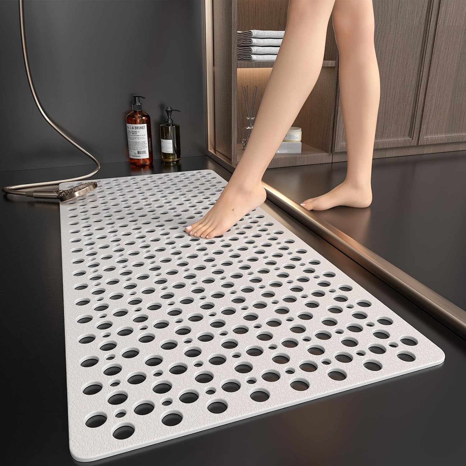 Nonslip Bath Tub Shower Mat with Suction Cups, Extra Long Bathtub Mat for Kids, Soft TPE Bath Mat, Bathtub Bathroom Mats, Machine Washable (White, 43 x 75cm)