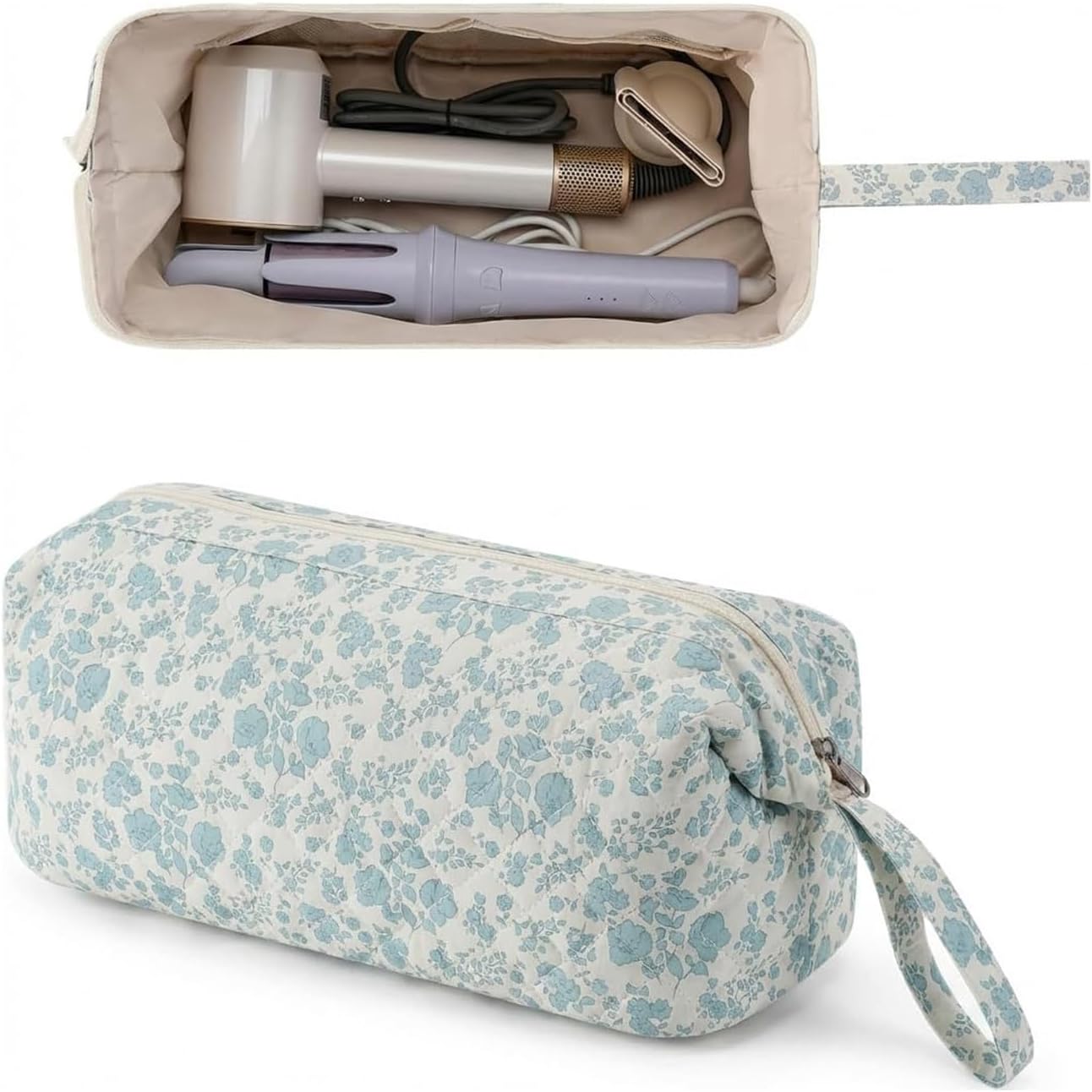 Large Quilted Hair Tools Travel Bag, Blue Flower | Bow & Floral Pattern, Waterproof Storage Organizer, For Hair Dryer, Straightener, Curling Iron