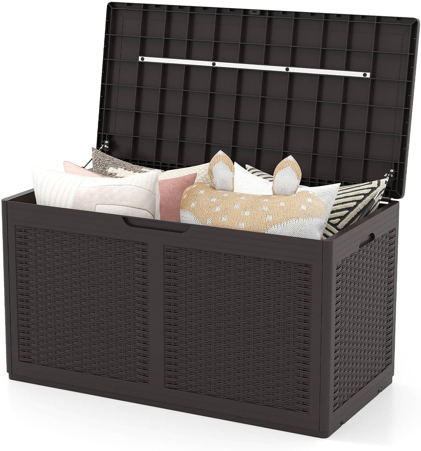 Costway Outdoor Storage Box Container Cabinet Bench, 380L Lockable Deck Box w/Rettan Texture, Wheels, Gas Strut, Garden Storage s Ottoman Chair Seat, Water-Resistant Patio Furniture