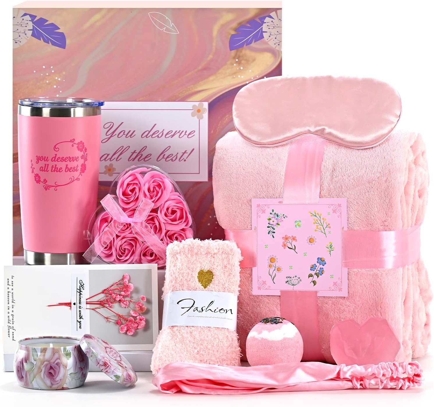 Gift sets for women, birthday gift baskets, blankets, scented candles and cups, birthday gifts