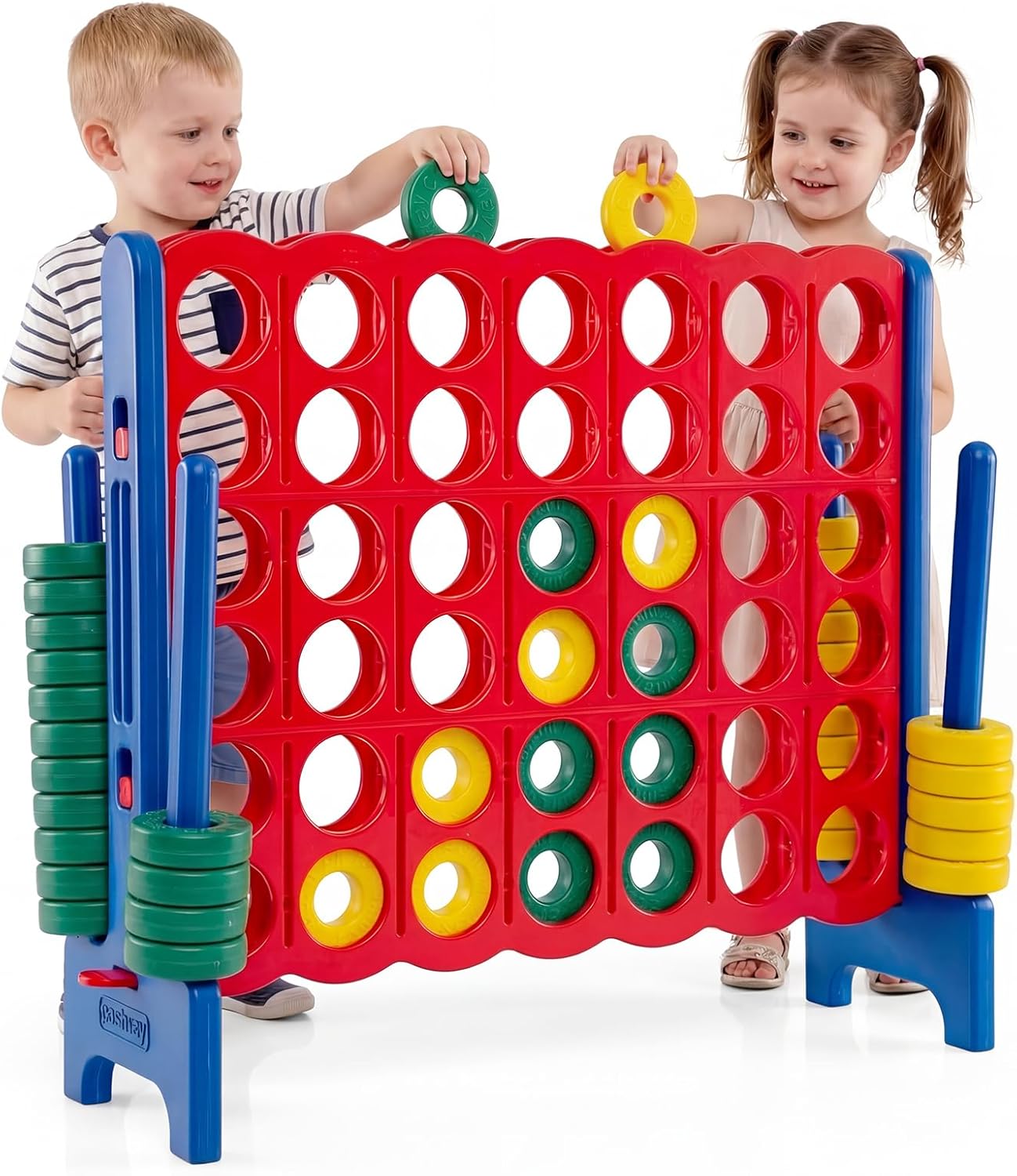 HONEY JOY Giant 4-in-a-Row Game Set, Jumbo 4-to-Score Game w/42 Rings and Quick-Release Slider, Indoor and Outdoor Party Game for Living Room, Backyard and Lawn
