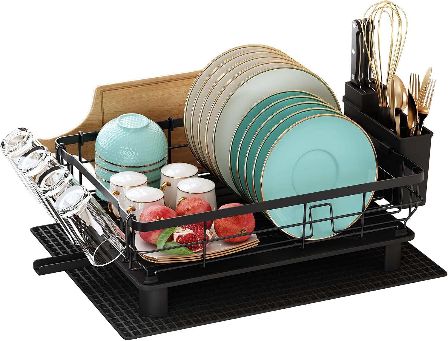Boosiny Stainless Steel Dish Drying Rack with Drainboard and Drying Mat | with Utensil, Cutting Board and Cup Holder, Large Capacity, for Kitchen Counter, for Drying Washed Tableware, 1 Tier, Black