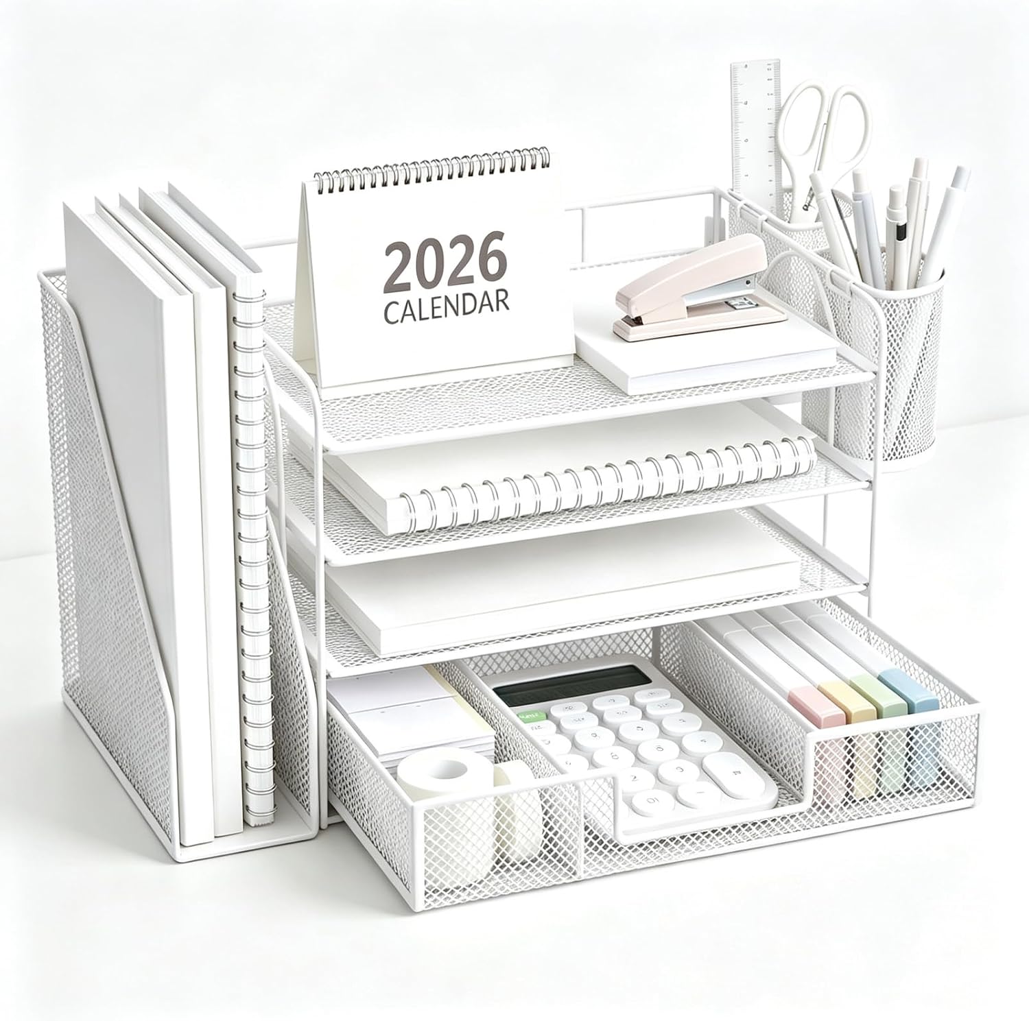 Desk Organizer, 4 Tier Paper Tray with Drawer, 2 Pen Holders Set (White) | Sturdy, space-saving, easy to assemble, for home office, keeps items neat and accessible, great for daily use.