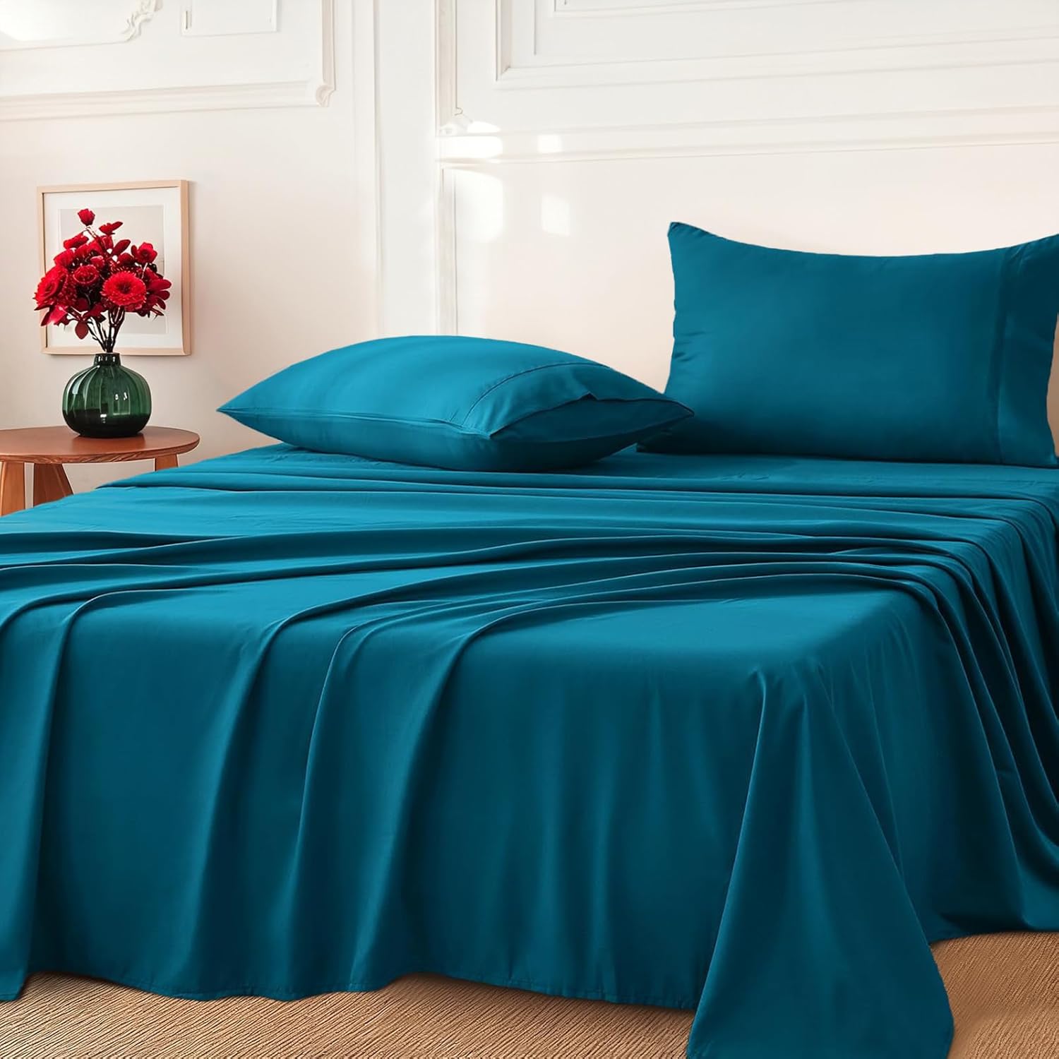 Queen Size Bed Sheet Set - 4PCs (Fitted Sheet, Flat Sheet, 2 Pillowcases) - 1000TC Ultra Soft Microfiber Breathable Bedding -Luxury Hotel Style, Biscay Blue-1