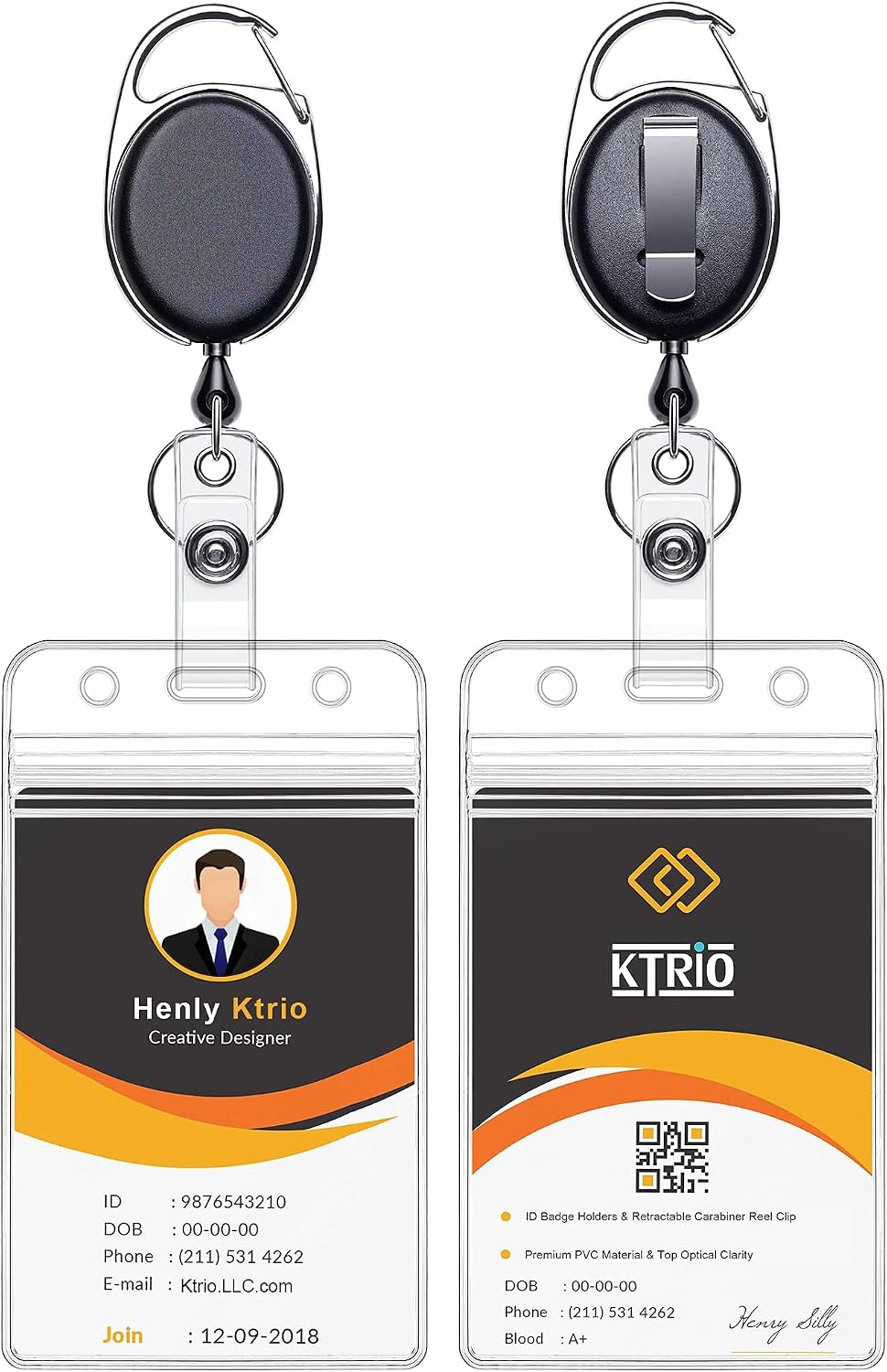 KTRIO ID Badge Holders with Metal Clip and Keyring - Vertical Clear Plastic ID Card Holders (2.5" x 3.4") - Retractable 24" Pull Cord for Office, School, 2 Pack | Fits 2.5x3.4" Cards, Clear Vertical Holder, 24" Retractable Badge Reel, Metal Clip & Key Ring, 2-Pack Set
