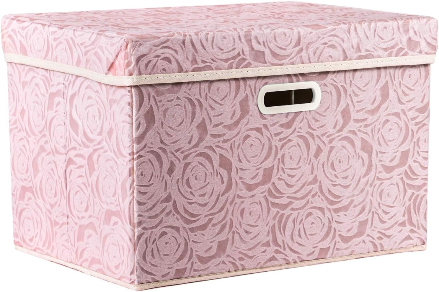 Larger Collapsible Storage Bin with Lid Fabric Decorative Storage Box Cube Organizer Container Baskes with Handles Divider for Bedroom Closet Living Room Pink 17.7x11.8x11.8 Inch [1-Pack]