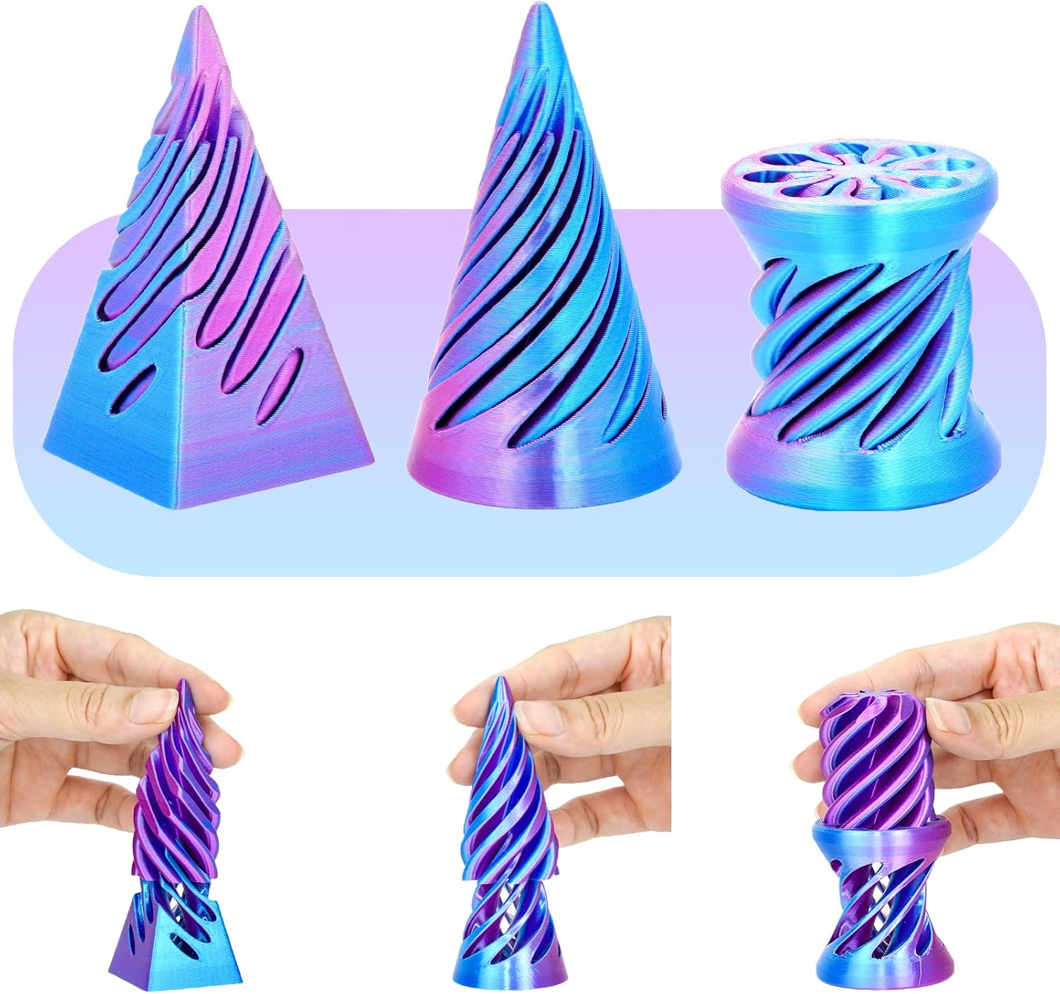 3 Packs Spiral Fidget Impossible Cone,3D Printed Optical Illusion Desk Toys Stress Relief Sculpture, Unique Office Gifts Teens Adults Kids Stocking Stuffers Christmas White Elephant（Laser Purple）