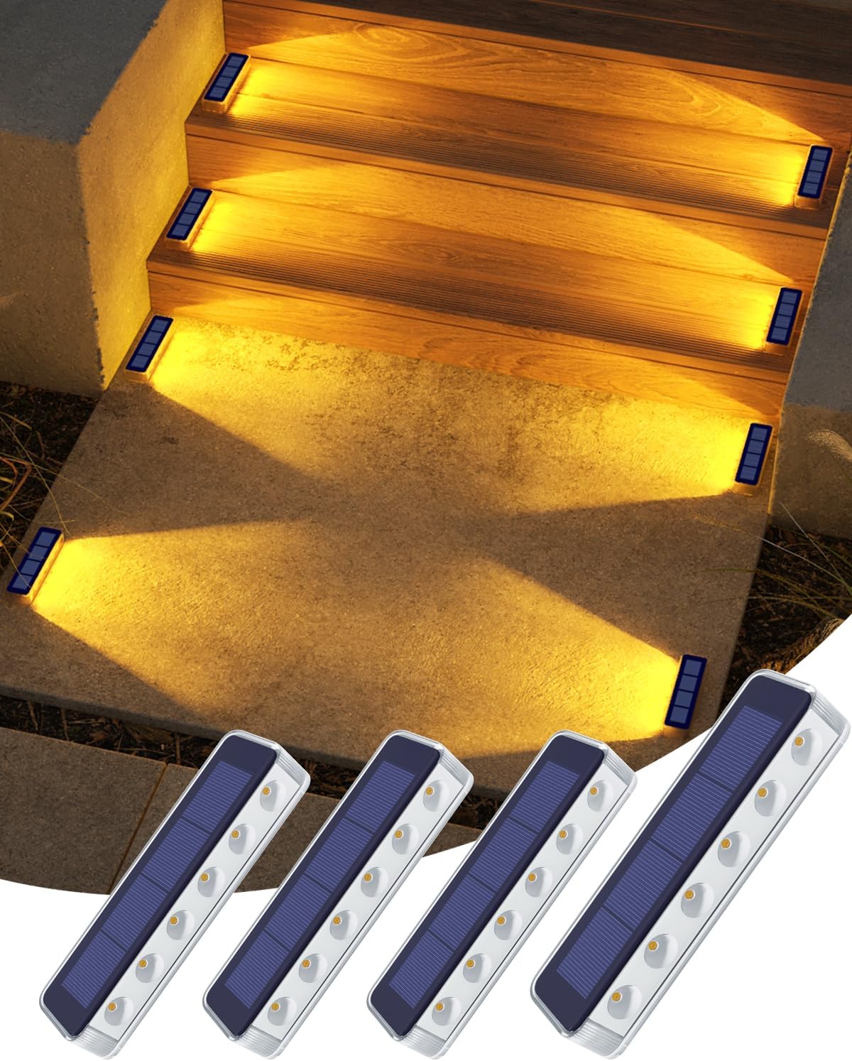 DetarZinLED Solar Step Lights Outdoor IP68 Waterproof 4 Pack Warm White | Solar Power, Auto ON/OFF, Stick on, Sturdy PC Shell, for Outside Stair, Deck, Dock, Walkway, Path, Driveway, Sidewalk, Patio