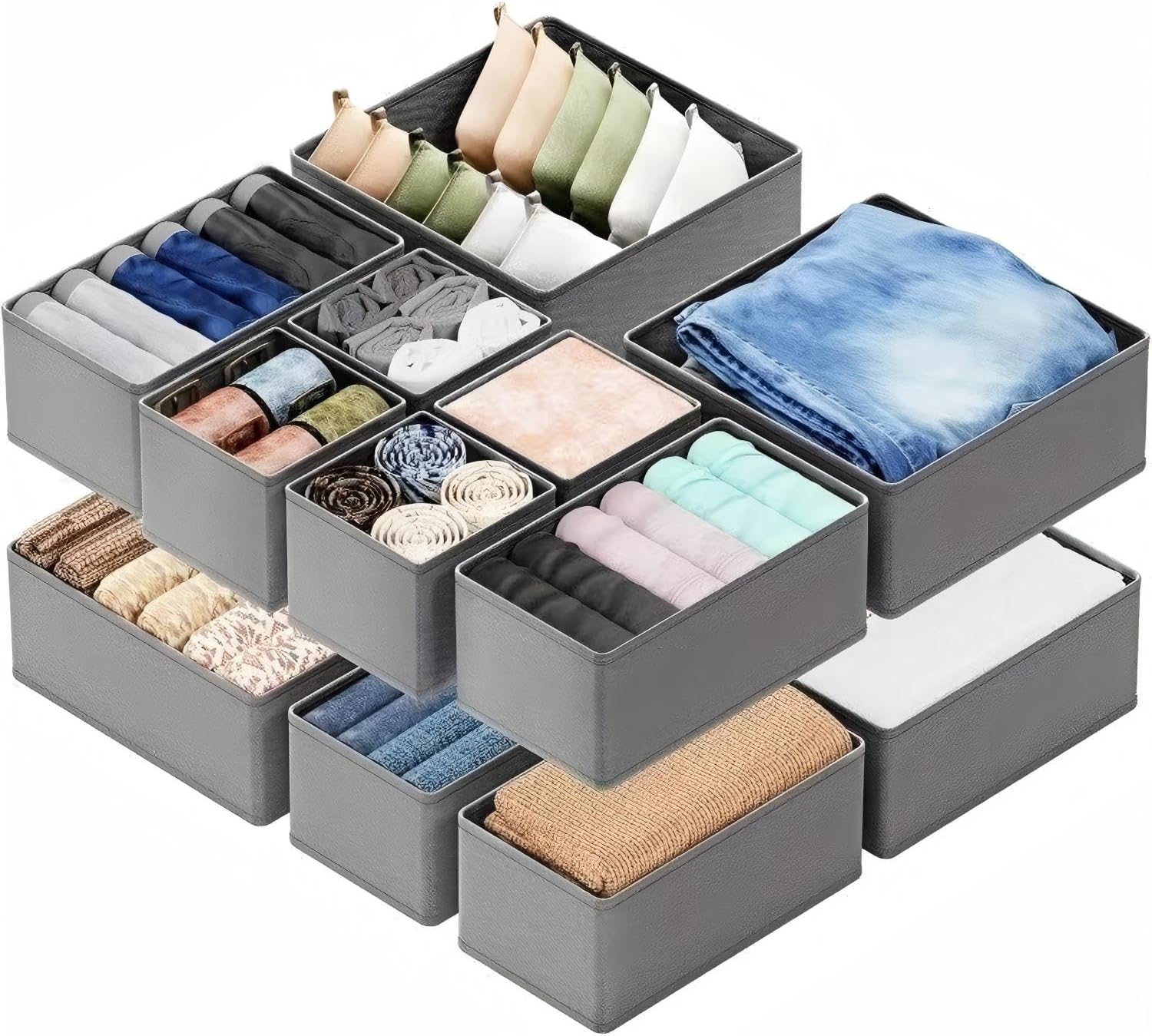 12 Pack Modular Drawer Organizers, Foldable & Stackable Storage Bins to Declutter Your Drawer - Organize Clothes, Socks, Underwear, Bras, Baby Items, Towels in Nursery, Closet, Dresser (Grey)