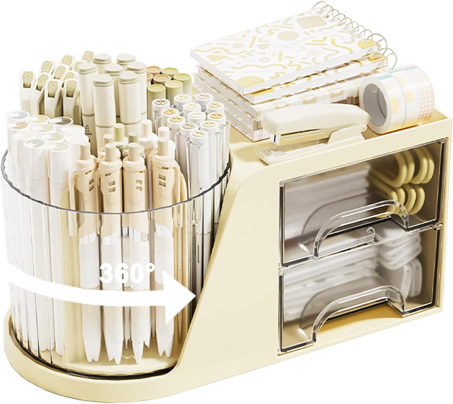 Rotating Desk Organizer with 2 Drawer, 6 Slots Multi-Functional Pencil Pen Holder, Desktop Makeup Organizer Stationery Accessories Storage Box Caddy for Office School Home Art Supplies (Beige)