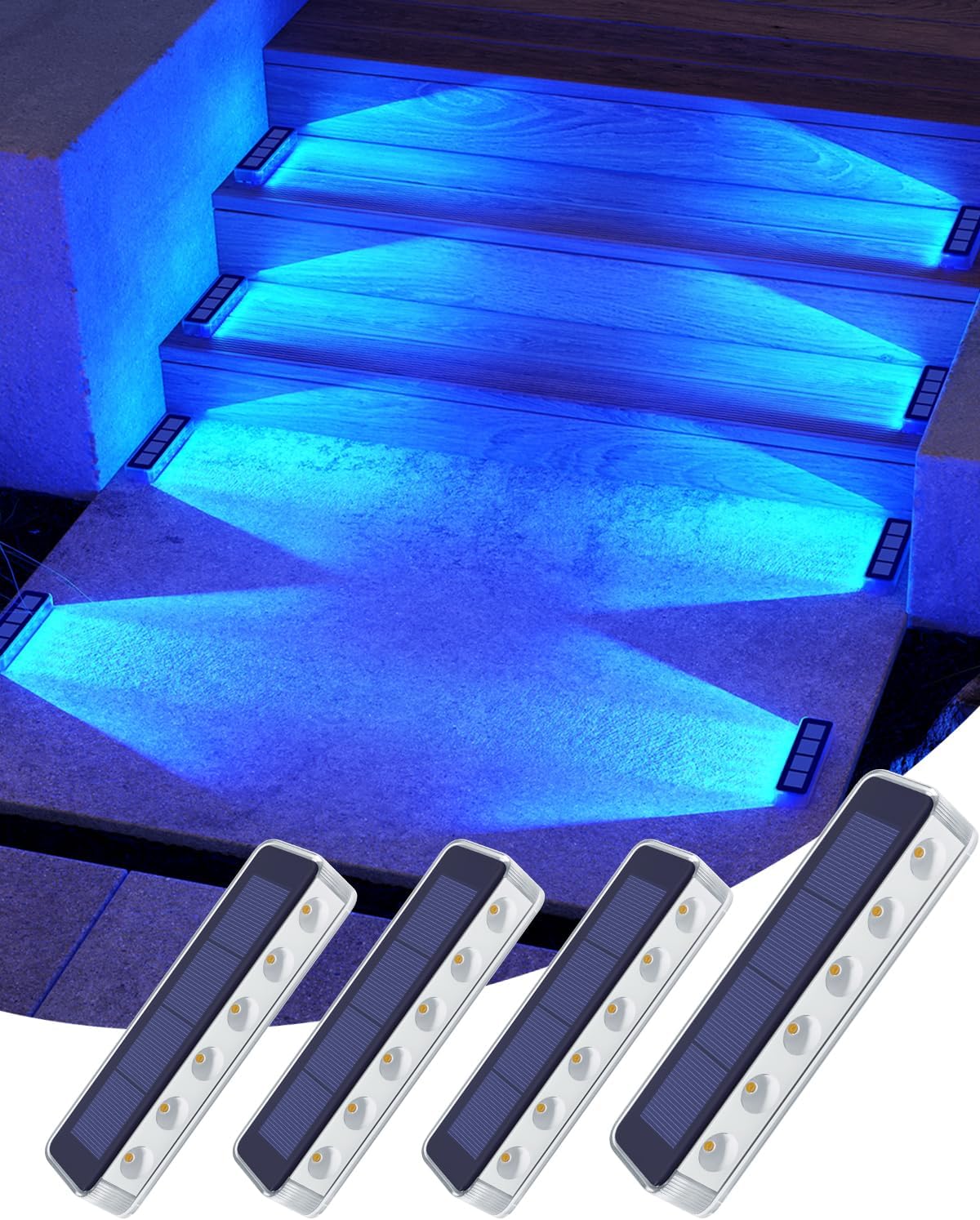 DetarZinLED Blue Solar Step Lights for Outside IP68 Waterproof Led 4 Pack | Solar Power, Auto ON/OFF, Stick on, Sturdy PC Shell, for Outdoor Dock, Deck, Driveway, Stair, Walkway, Path, Sidewalk, Patio