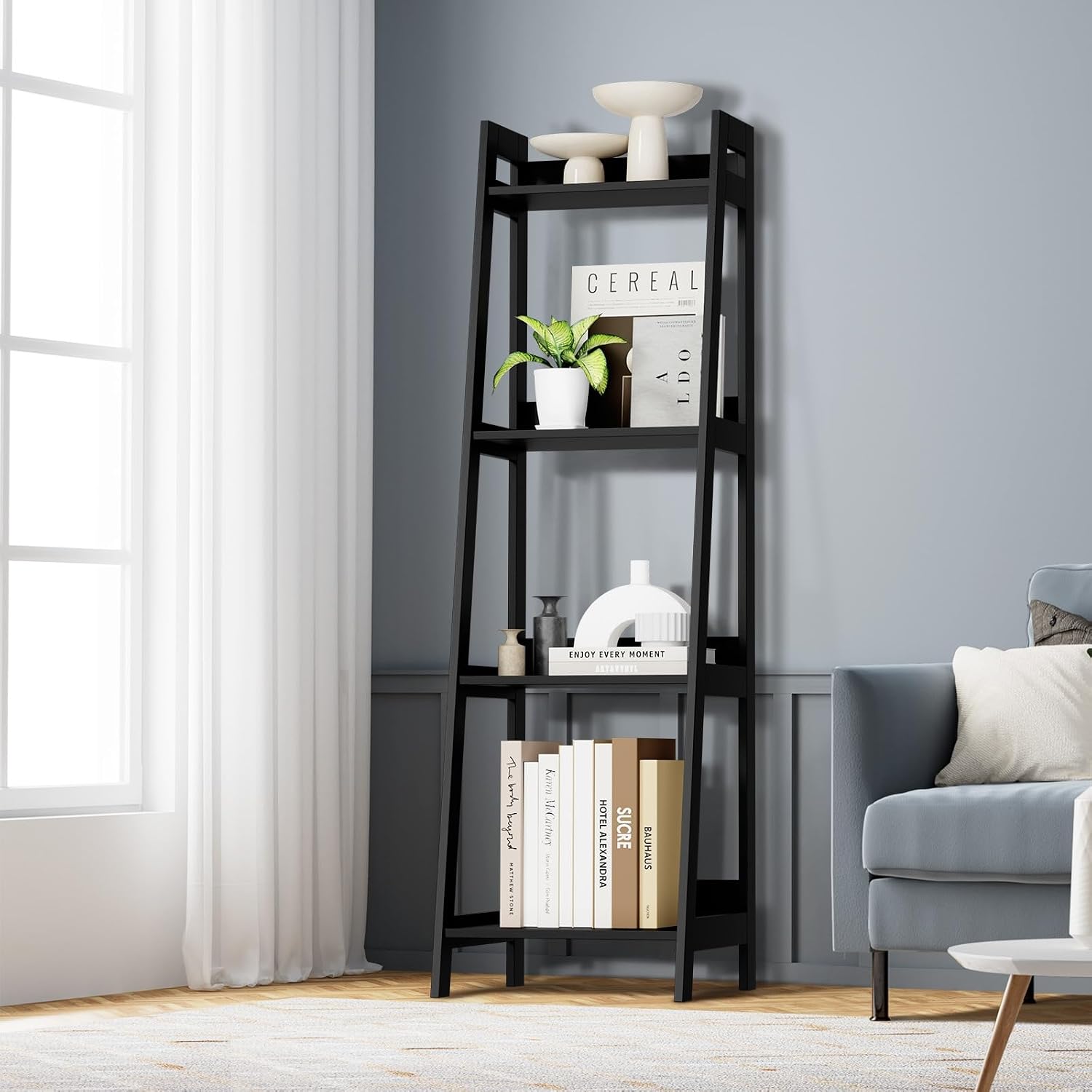 Oikiture 4-Tier Corner Ladder Bookshelf – Space-Saving Display Storage Rack Black | Versatile Sturdy Space Saving