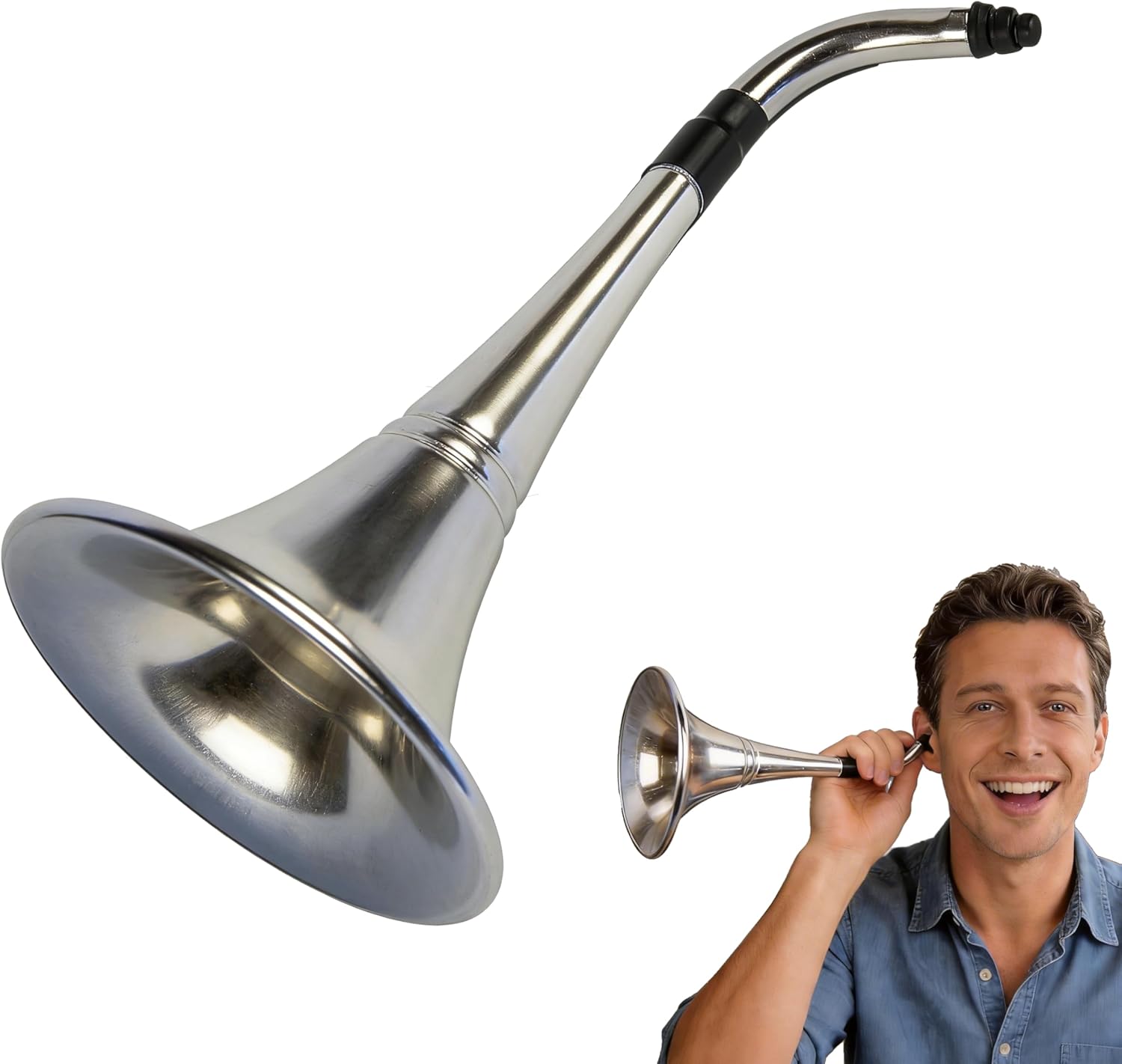 Ear Trumpet Horn, Metal Hearing Cone Gag Gift for Retirement & Birthday | All-metal, vintage silver finish, funnels real sound; gag gift for retirement, birthday, White Elephant, Secret Santa