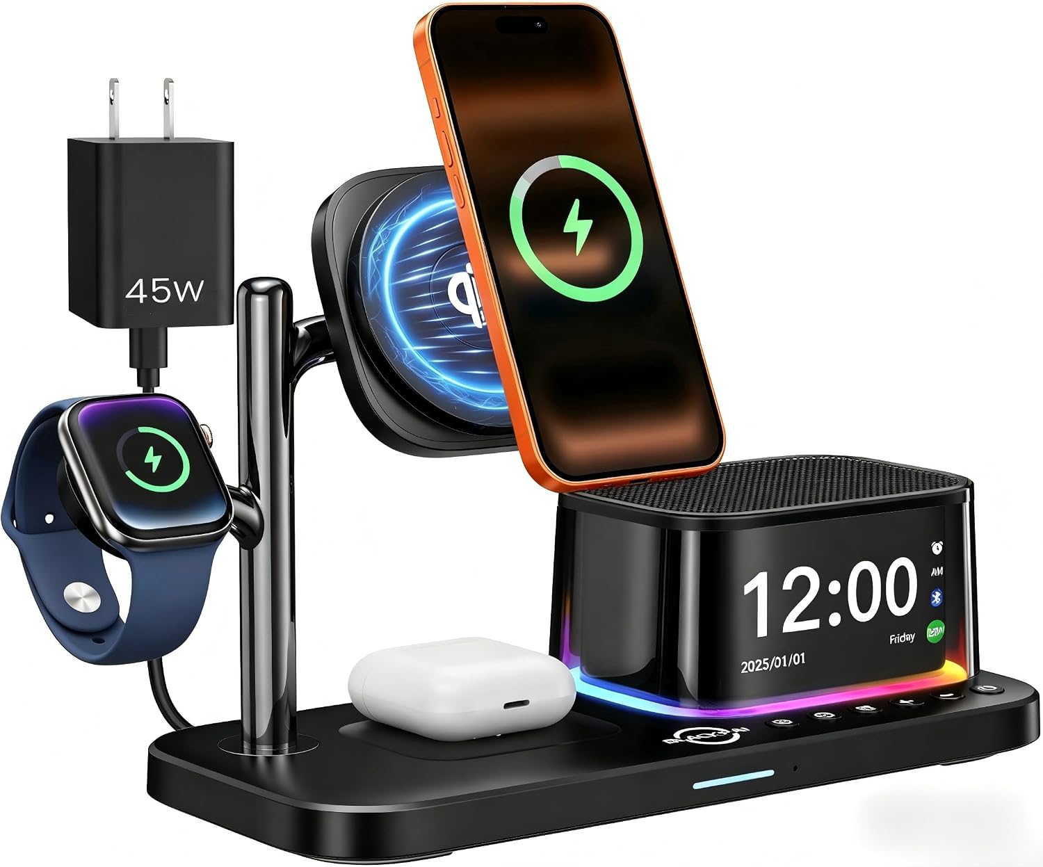 7 in 1 Wireless Charger & Charging Station for Multiple Devices, Qi2.2 Apple Charging Station with Bluetooth Speaker Night Light Time Display Alarm, Apple Watch Charger Stand & Magnetic Phone Charger
