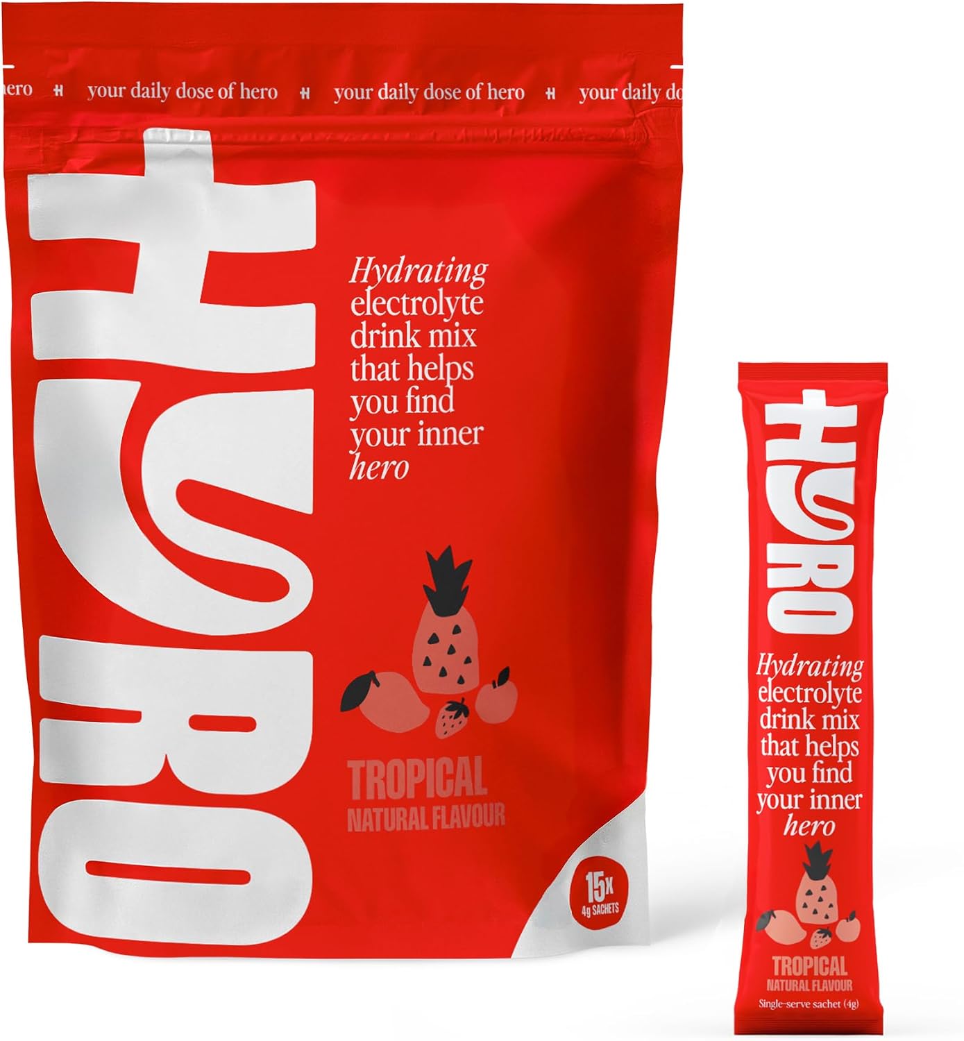 HYRO Electrolyte Powder Drink Mix, Sugar Free Daily Hydration Packets with Magnesium, Potassium & Vitamin C, Single-Serve Electrolytes, Keto, Vegan, Plant Based, Tropical Flavour, 15 Count