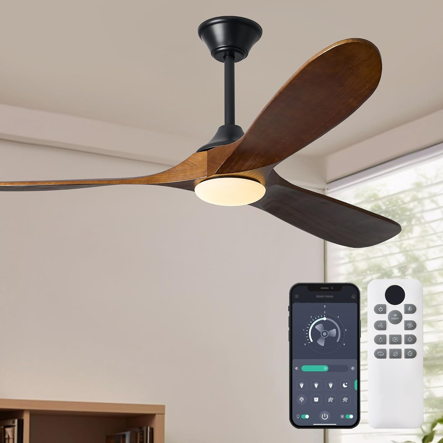 60 Inch Solid Wood Ceiling Fan with Light, Noiseless Ceiling Fan for Indoor/Outdoor, 6 Speed Reversible, 3 Color Dimmable, for Bedroom, Living Room, Patios (Color: Dark Walnut)