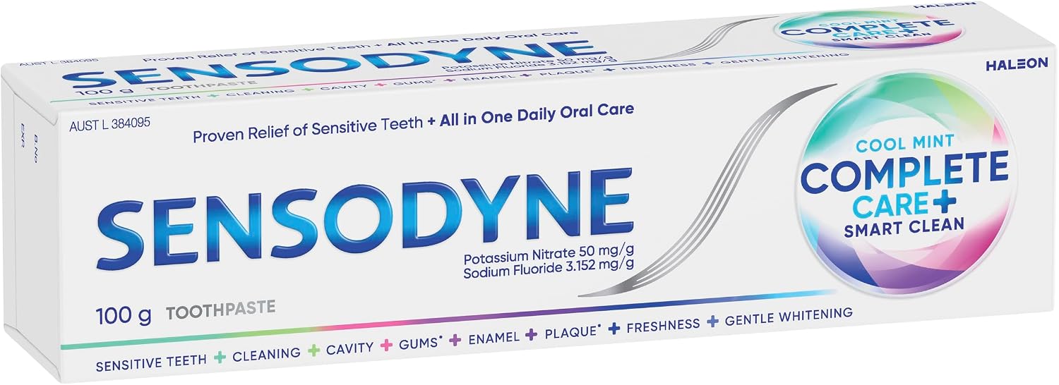 Sensodyne Complete Care + Smart Clean Fluoride Toothpaste, Cool Mint,100g | Sensitive Toothpaste| All in One Care for Strong Enamel, Healthy Gums, Cavity Protection, Remove Stains & Plaque, Whitening