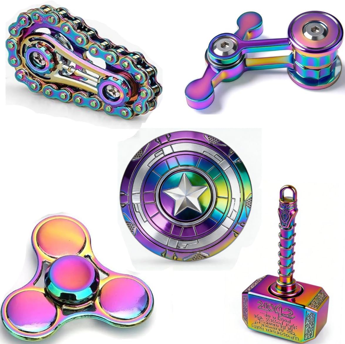 Fidget Spinners for Adults Teens, Metal Figette Set Sensory Ring Toys for Stress Relief, EDC Gadgets Tool Office Desk Decoration, Classroom Prize Birthday Gifts Boys Girls 5 PCS Rainbow Ages 15+