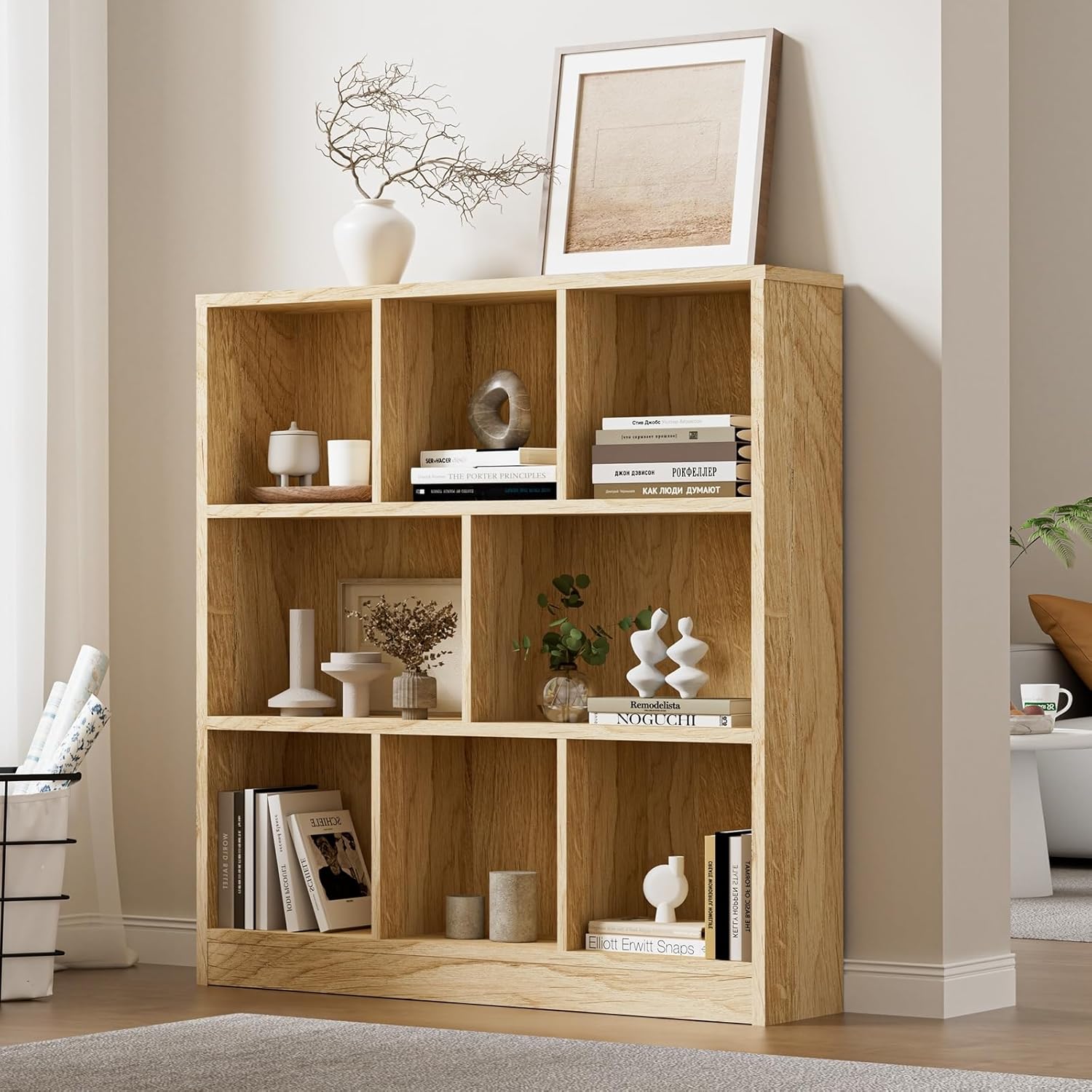 Oikiture 7 Storage Place Bookshelf – Wooden Display Cabinet Organizer Wood | Versatile Sturdy Modern