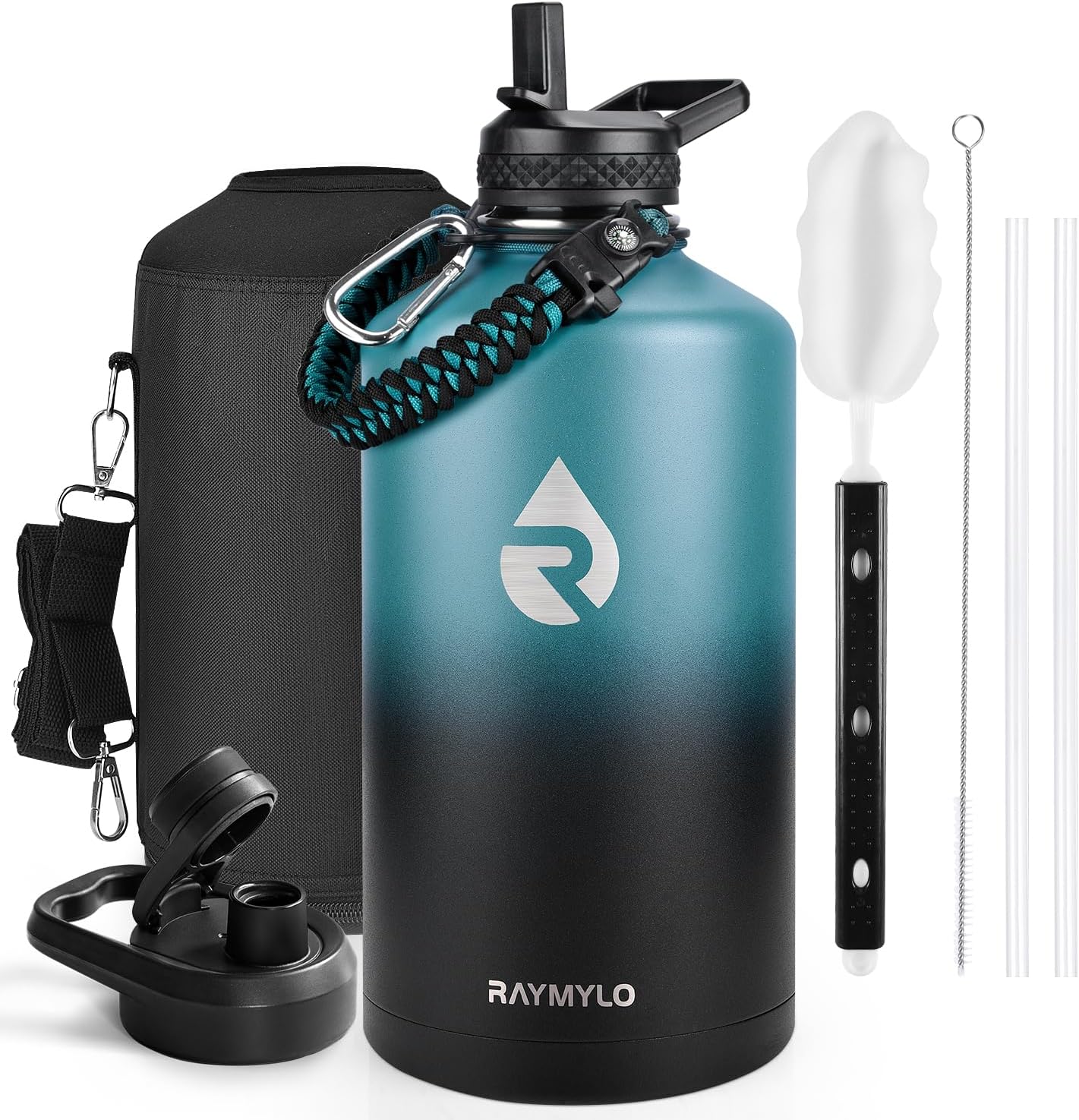 RAYMYLO 3.8L Insulated Water Bottle, Triple Wall Vacuum Stainless Steel | Cold 48 Hrs, Hot Drinks 24 Hrs,Leak Proof & Non-BPA, Gallon Modern Water Flask Jug with Paracord Handle & Straw Spout Lids