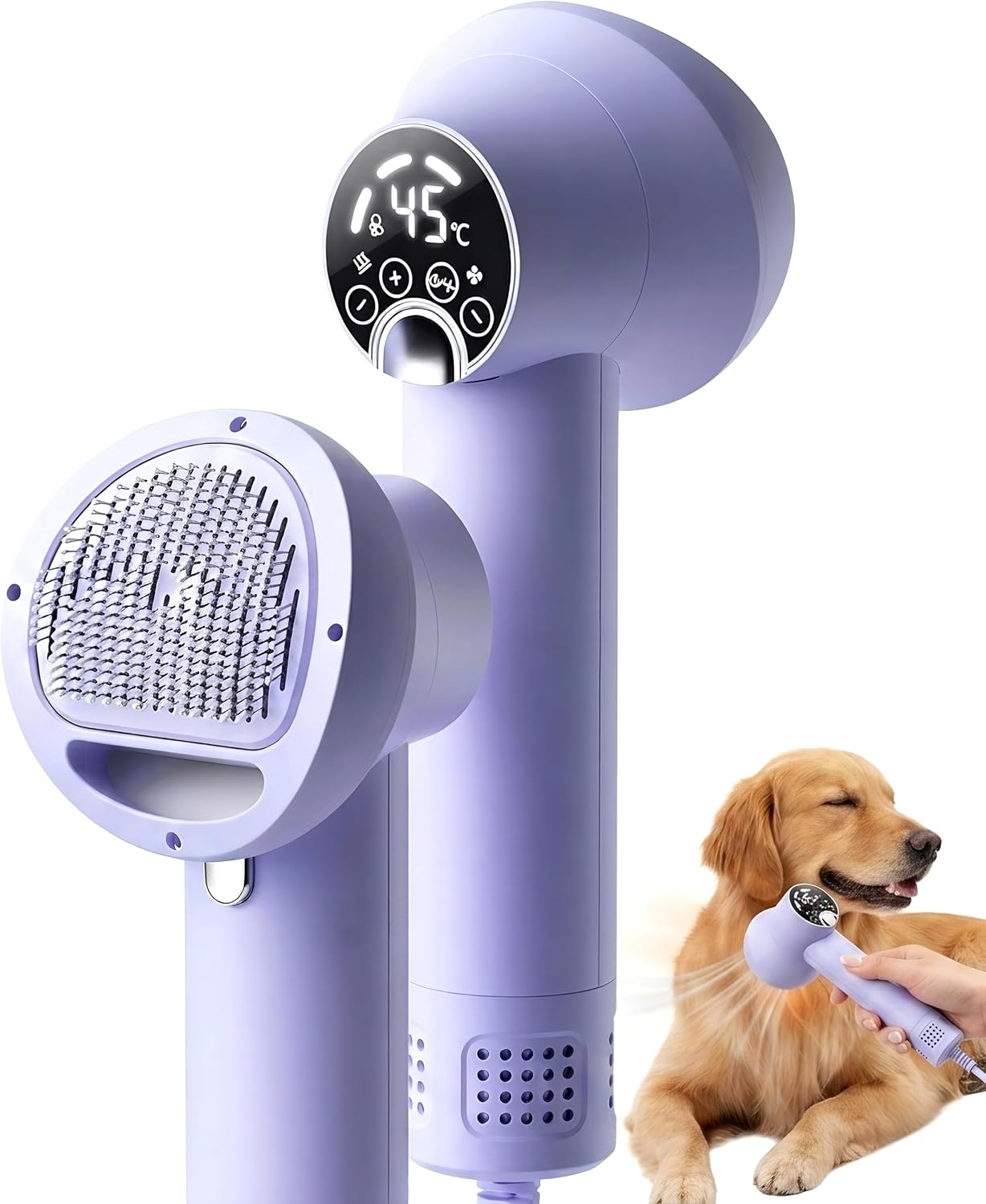 APEXORIGIN 2-in-1 Pet Hair Dryer and Grooming Brush, Adjustable 4-Speed Blow Dryer for Dogs and Cats with Precise 35°C-65°C Temperature Control, Low-Noise Professional Pet Grooming Tool (Purple)