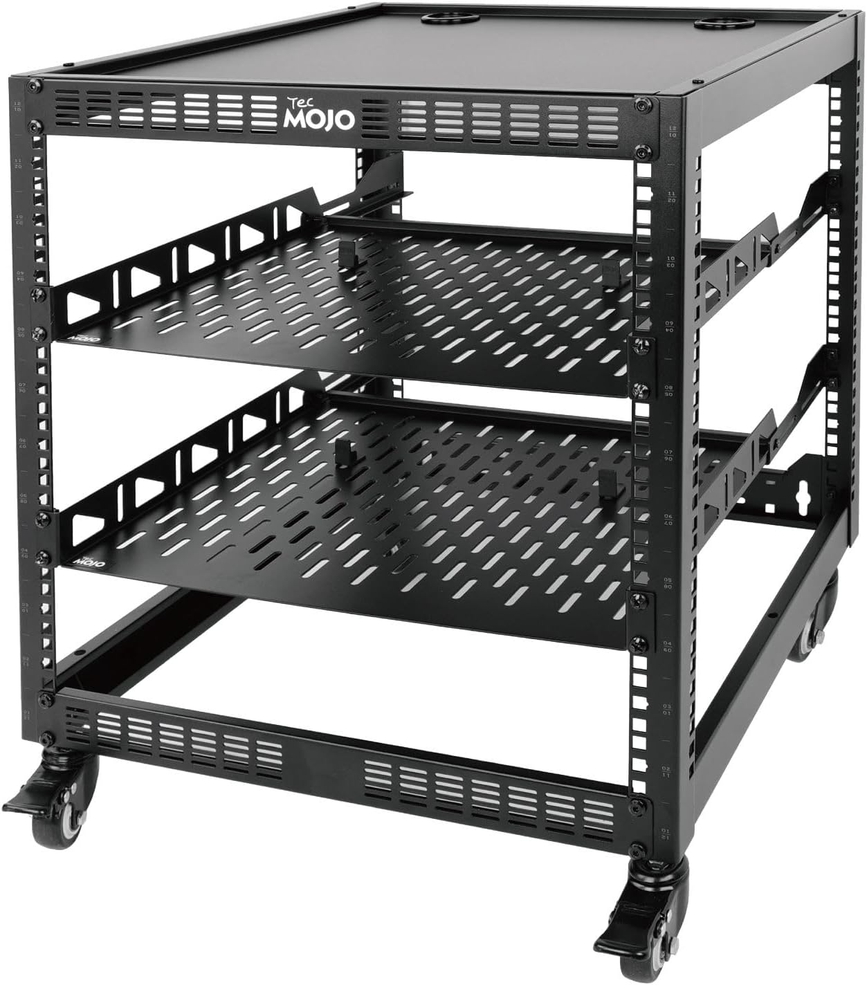 12U Open Frame Network Rack for IT &AV Gear, 12RU AV Rack 4-Post with Mobile Casters and 2 PCS Vented 19'' Front Mounting Rack Shelf with Rear Supporting Ears and Anti-Slip Stops & Mounting Hardware