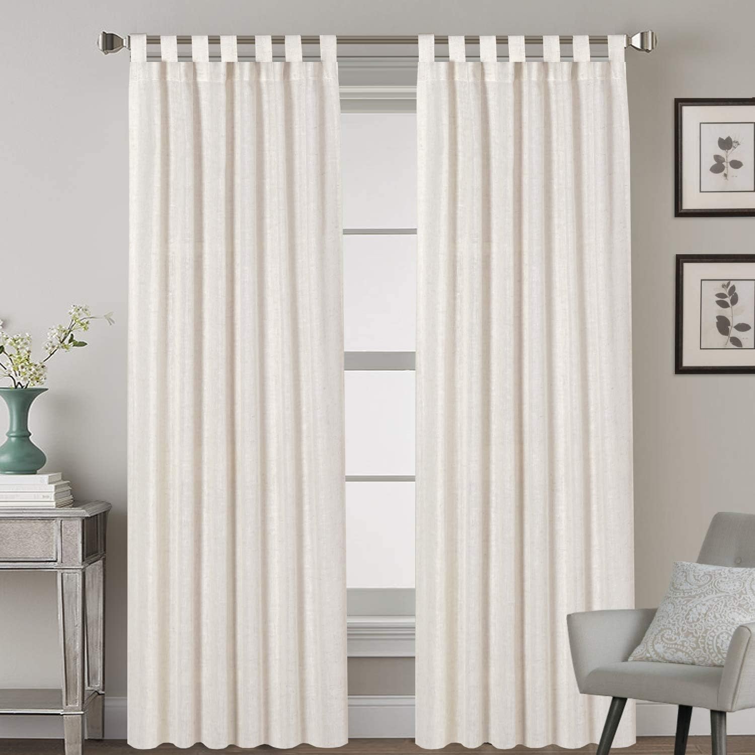 Linen Curtains Natural Linen Semi Sheer Blended Curtains Tab Top Window Treatments Panels Drapes for Living Room, Elegant Light Filtering Curtains (Set of 2, W132cm x D213cm，Natural)