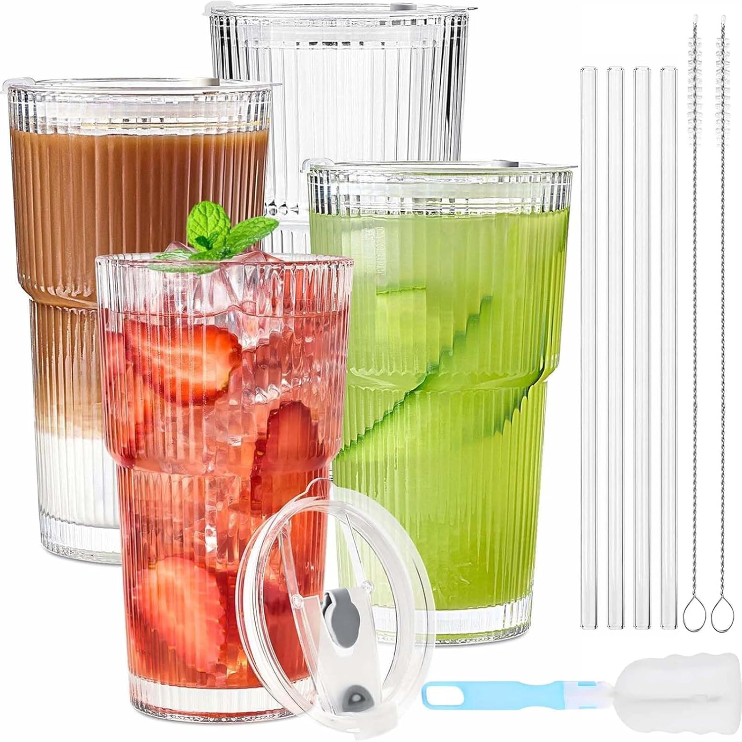 20oz Glass Tumblers with Lids and Straws,4 Pcs Ribbed Glass Cups Set with Cleaning Brush,Drinking Glasses for Iced Coffee,Juice,Smoothies,Cold Beverages