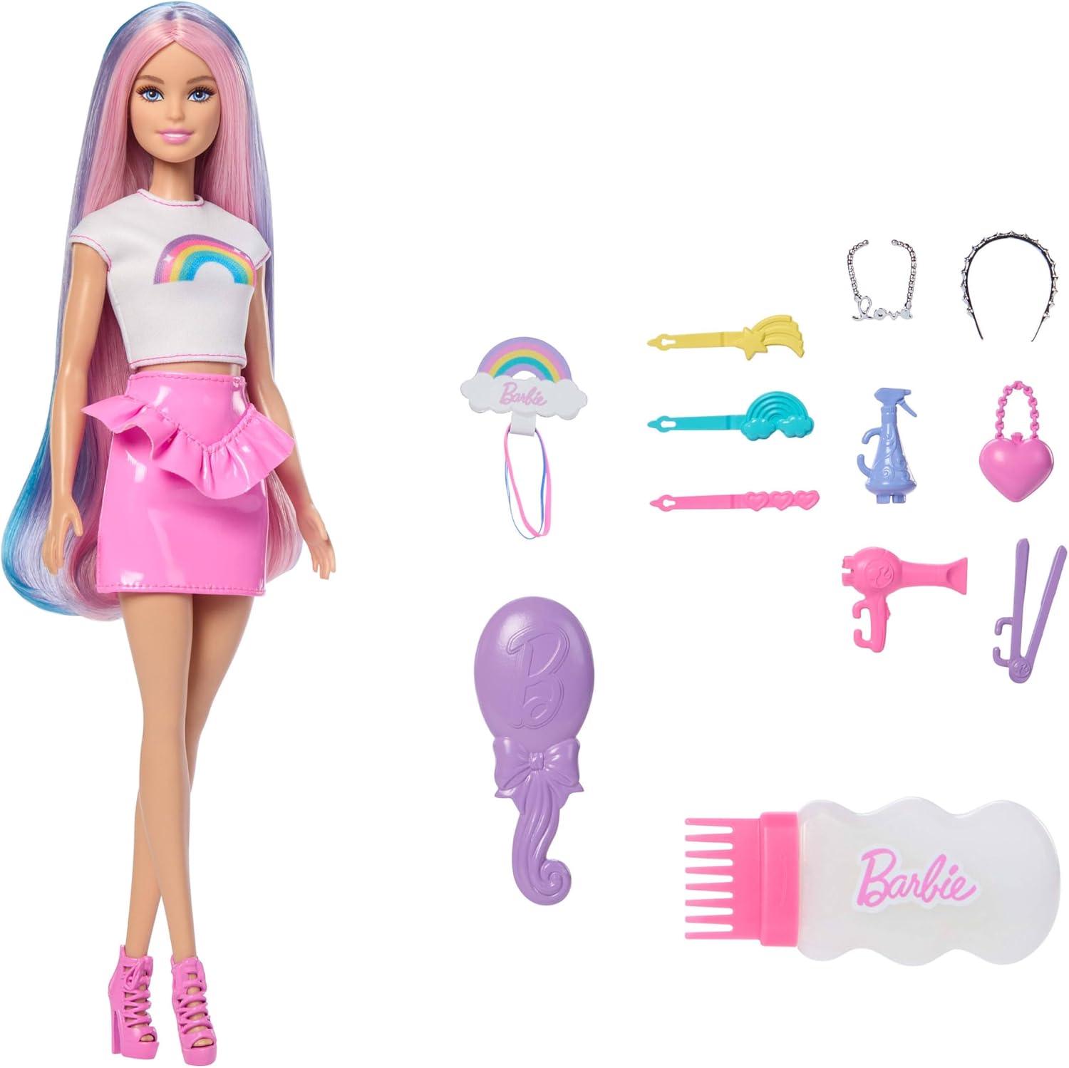 Barbie Rainbow Sparkle Hair Doll, Extra-Long and Colorful Hair with 12 Styling Accessories Like Glitter Tube, Brush, Clips, Hair Dryer and More