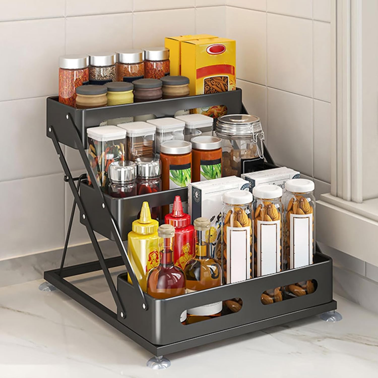 3-Tier Black Spice Rack Organiser for Pantry and Kitchen Counter | 3-tier spice rack organiser, black metal shelf for spice jars, seasoning bottles, pantry storage and kitchen counters