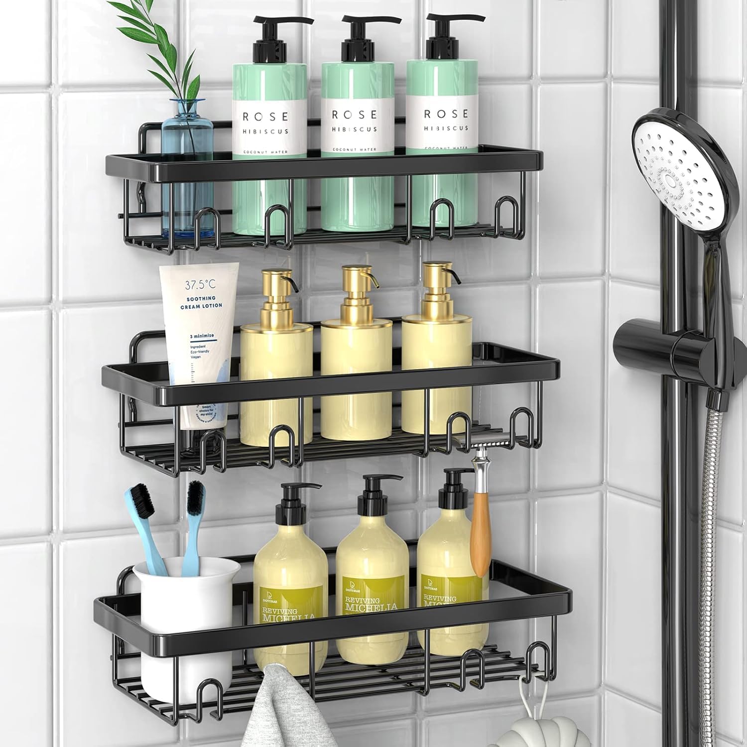 Shower Caddy, 3 Pack Organizer, Adhesive No Drilling Traceless Shelves, Rustproof SUS304 Stainless Steel Bathroom Shelf for Inside & Kitchen Storage