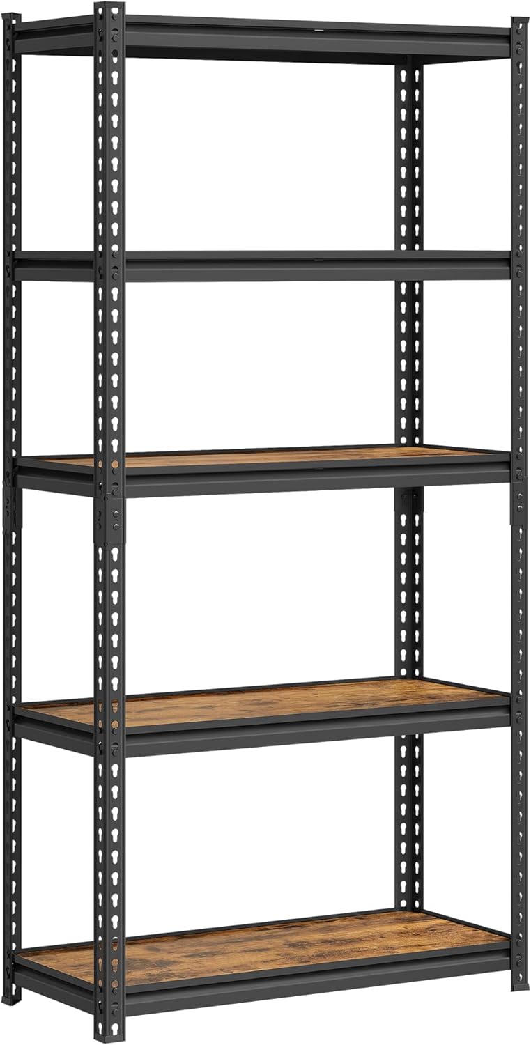 SONGMICS 5-Tier Storage Shelves, Load 1050kg, Garage Storage, Boltless Assembly, Adjustable Shelving Unit, 90x45x180cm for Study Shed Basement, Black and Rustic Brown GLR450BZ02