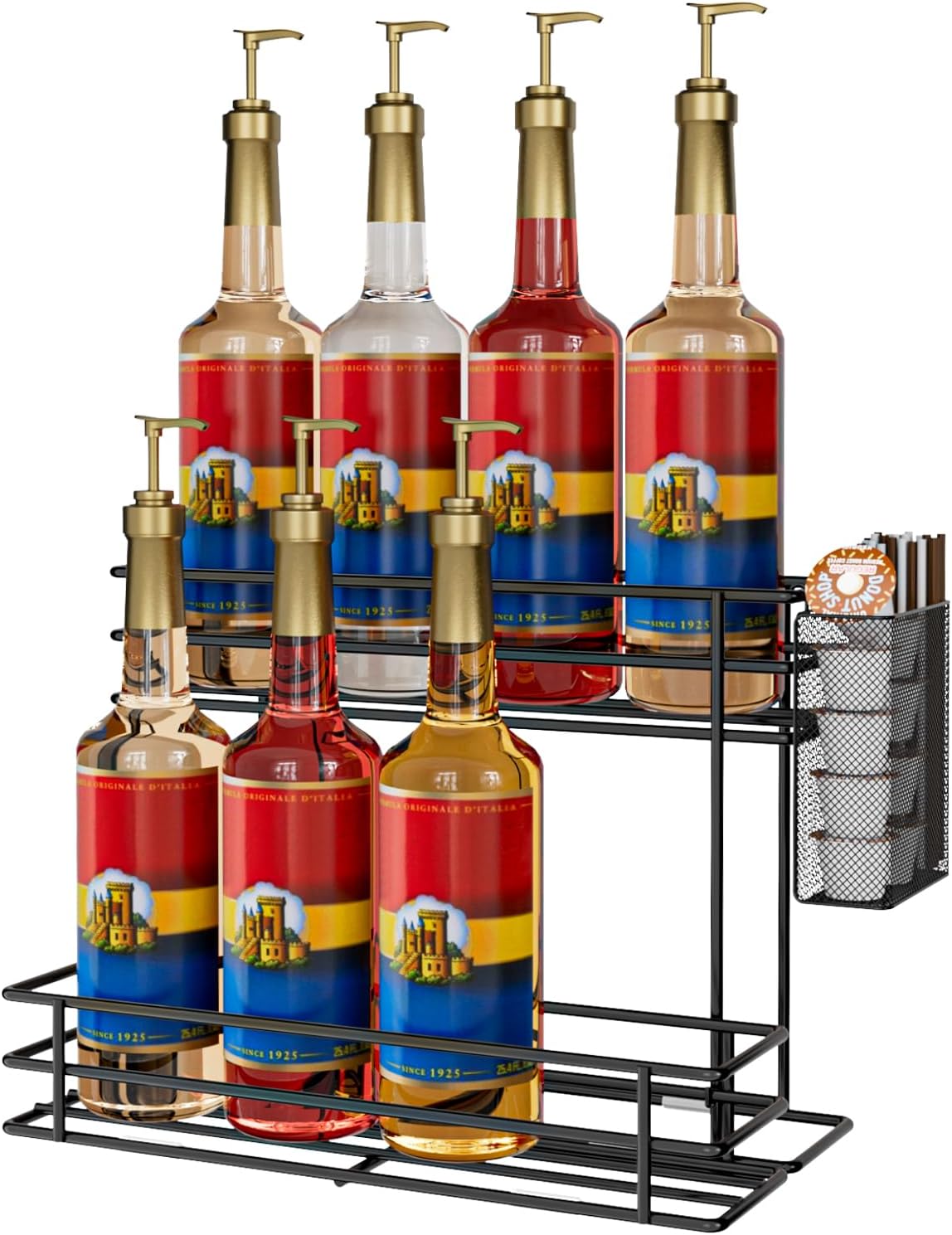Coffee Syrup Organiser Rack - 8 Syrup Bottle Holder Stand for Coffee Bar Coffee Station Accessories with Straw Coffee Pod Basket, 2 Tiers Kitchen Worktop Storage for Syrup Wine Dressing Black
