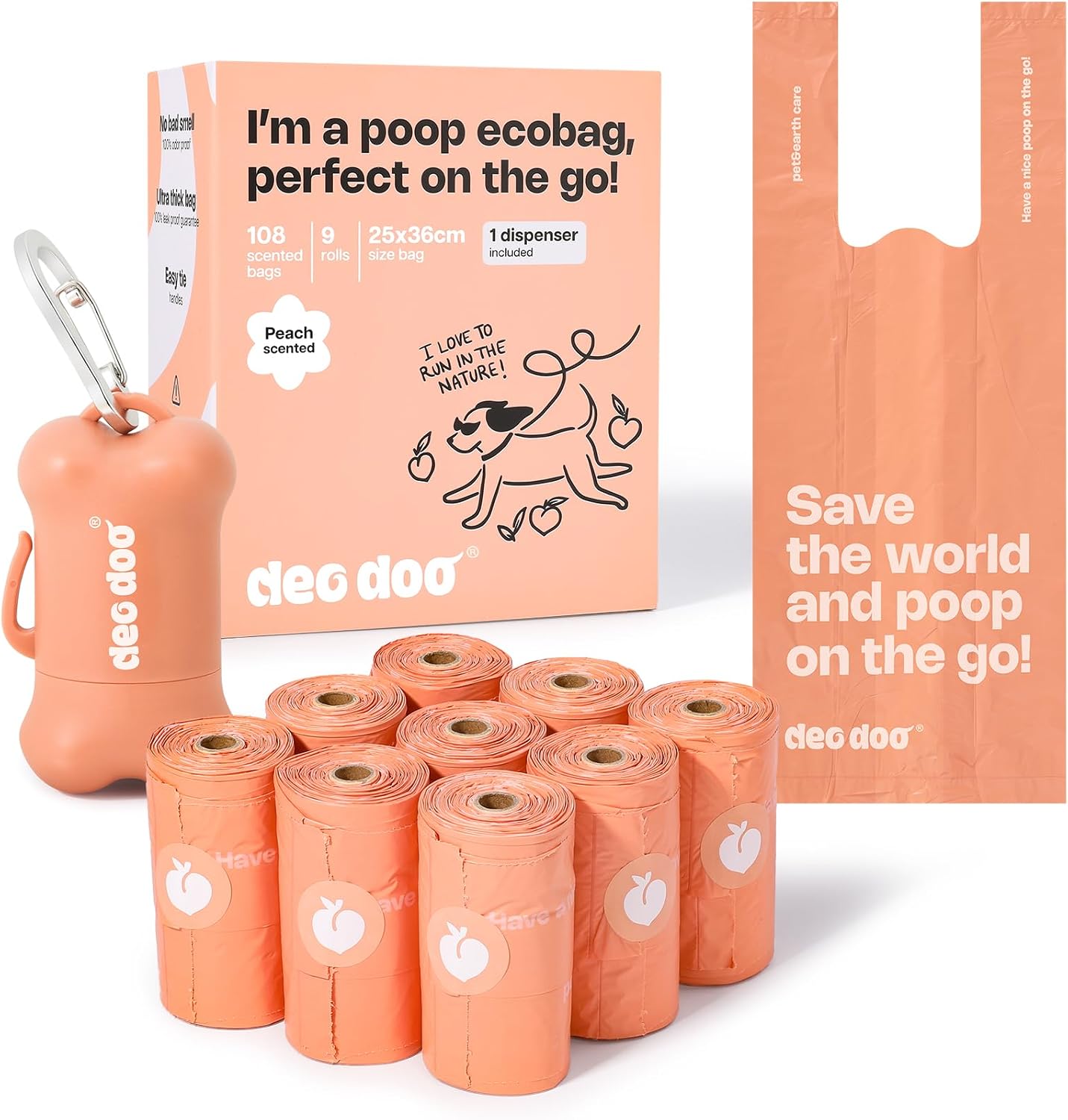 Deo Doo Dog Poop Bags with Handles 9 Rolls 108 Counts Big Sizes Leak Proof and Extra Thick Waste Bags Refill Rolls for Walking Small Medium Large Dogs Cats Litter With Holder Peach Scented | Extra-Thick Leak-Proof Refill Rolls, Easy-Tie Design for Small and Medium Dog Walks, Cat Litter Cleanup