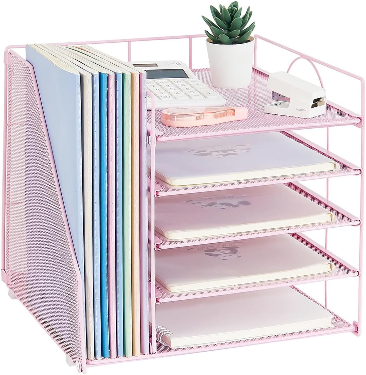 Desktop Organization and Accessories，Including File Holder，5-Tier Paper and Letter Trays, and Metal Mesh Storage Racks, Suitable for Office Supplies (Pink)
