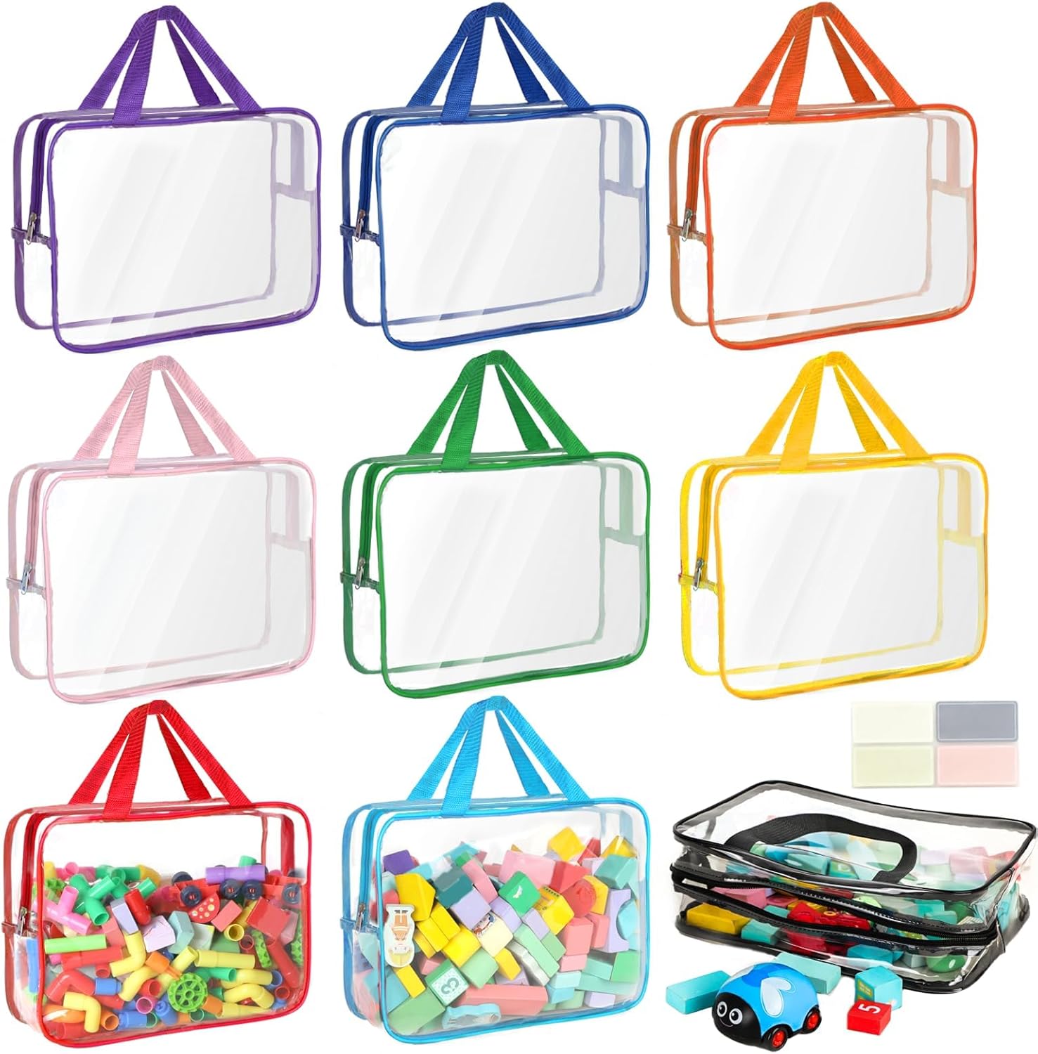 9 Packs Toy Storage Bags with Labels, Large PVC Reusable Board Game Storage Containers Clear Zipper Pouches Waterproof Travel Organizer Bags for Building Blocks, Puzzle, Kids Books