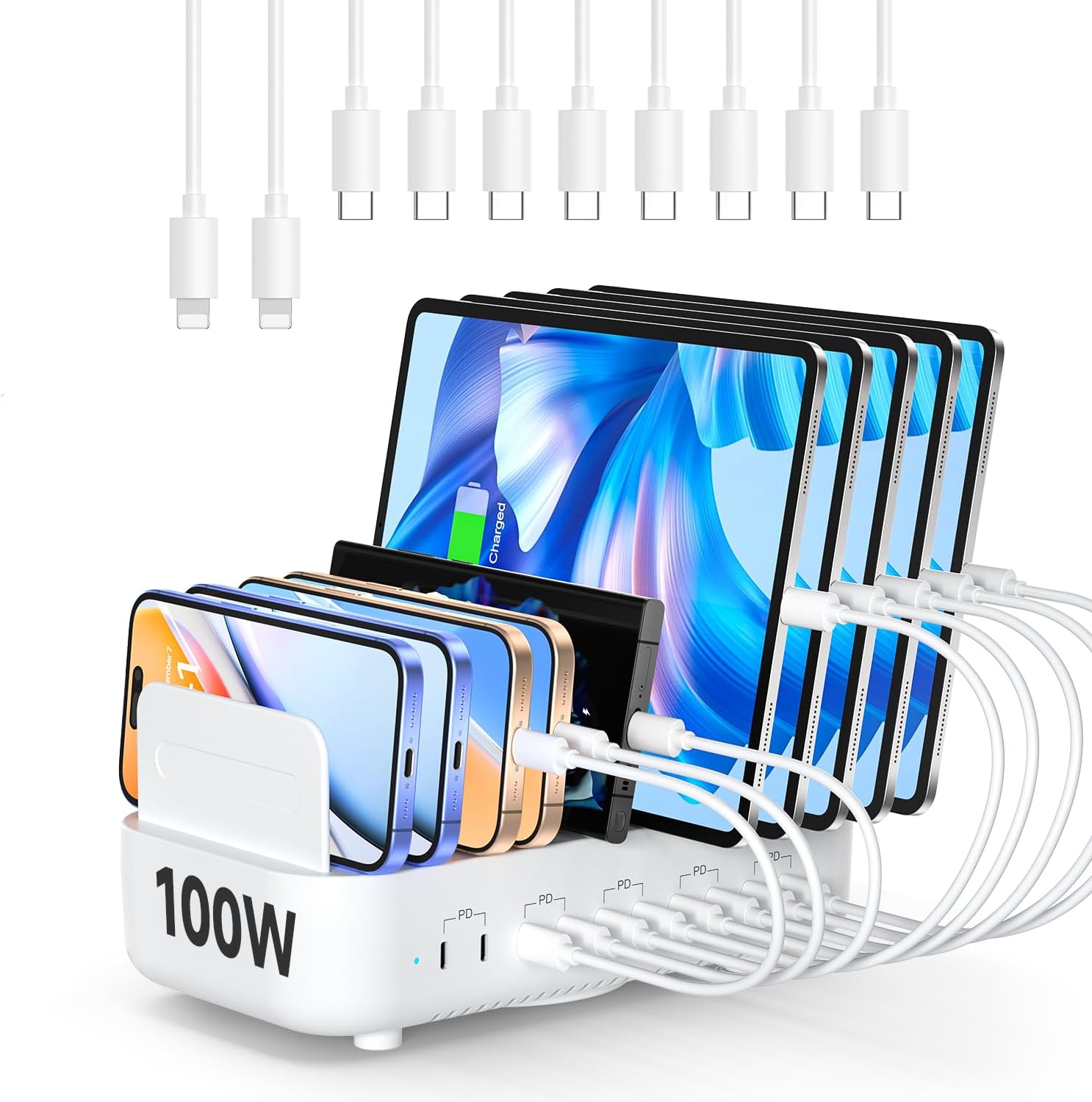 SooPii 100W USB Charging Station, 10 USB-C Ports, PD Fast Charging Compatible with lPhone,lPad,Galaxy, and Ther Electronics, 10 Mixed Charging Cables Included(White)