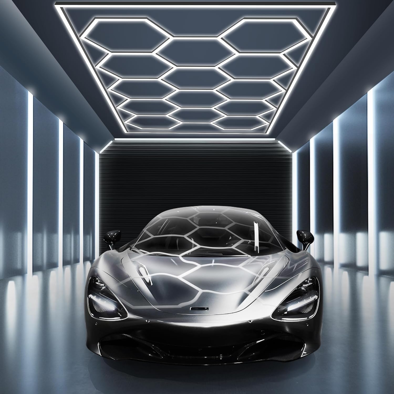 Hexagon LED Garage Lights,TONGLIN 680W 81600 Lumens 14 Grid Hex Lights | 6500K, 4.75 x 2.39m Honeycomb Ceiling Light for Car Detailing, Workshop, Warehouse, Double Garage and Showroom