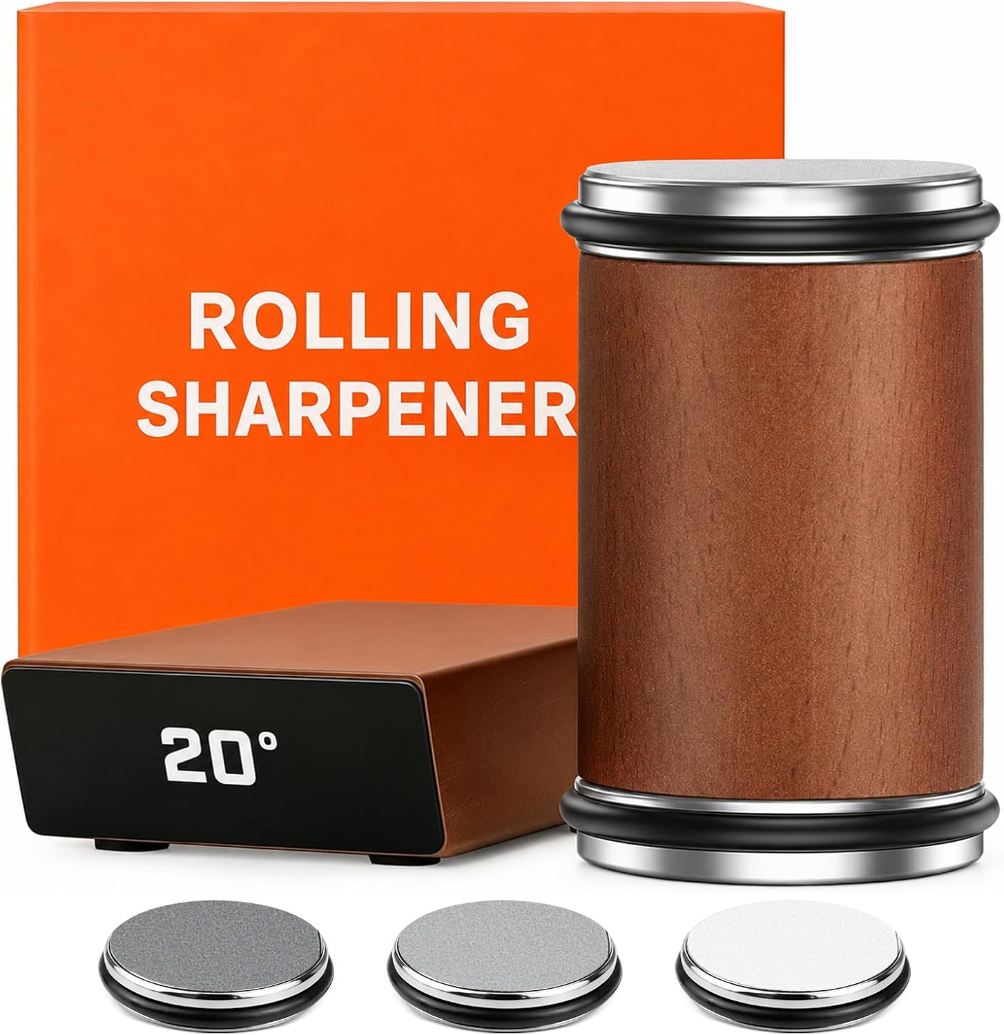 Rolling Knife Sharpener Kit - 3 Grinding Discs (#400/#1000/#3000) for Professional Polishing, AUS Owned - 15&20 Degree Magnetic Angle Guide, Kitchen Gadgets Gifts - Walnut