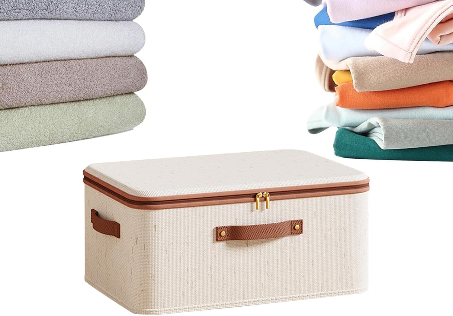Clothes Storage Box, Cotton-Linen Fabric Organizer Bin with Zipper | Large Capacity Storage Organizer, Foldable Clothes Container with Lid and Handles for Wardrobe Bedroom Use