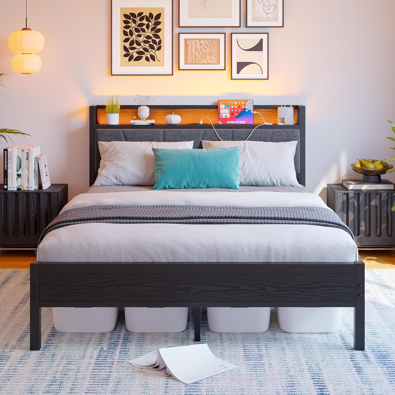 Queen Bed Frame with Storage Headboard,Queen Bed Base,Black | Heavy Duty Metal Upholstered Platform, LED Lights,Charging Station,No Box Spring Needed,Easy Assembly,Under Bed Storage