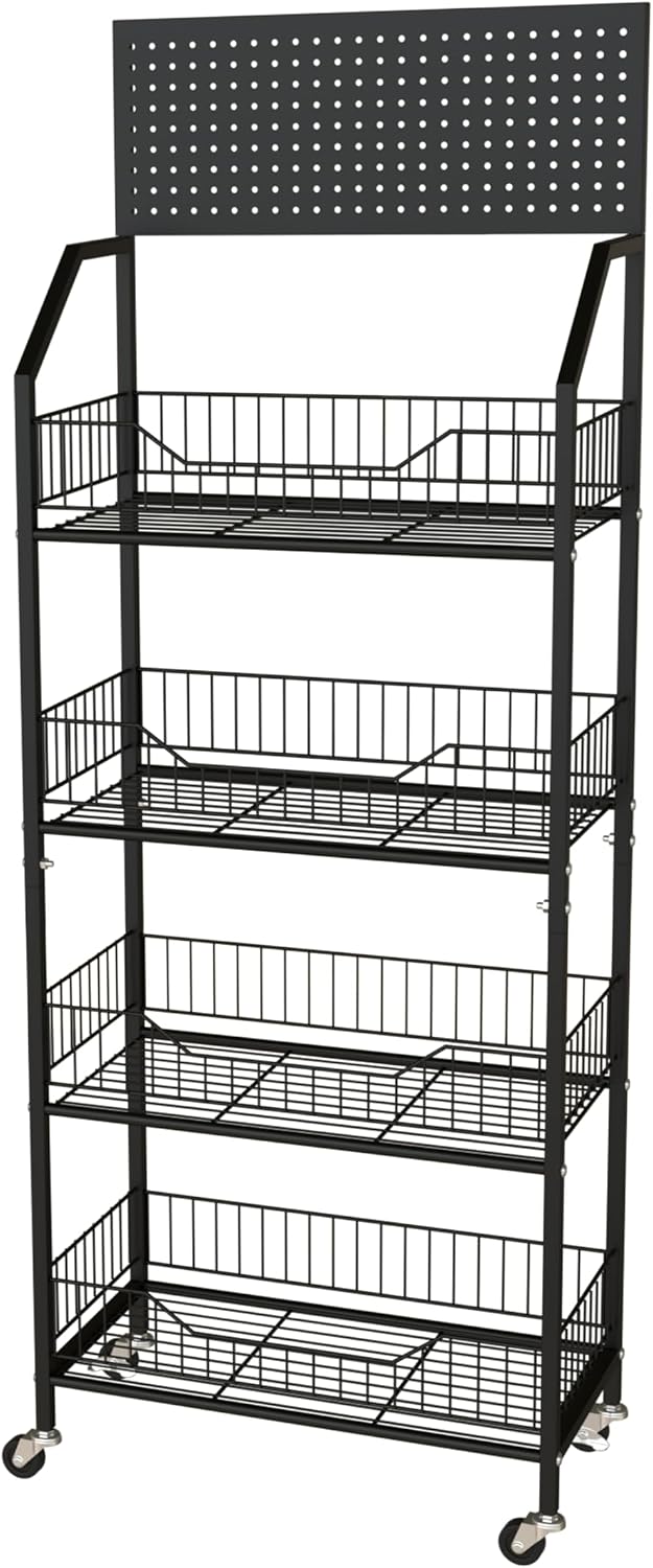 4 Tier Retail Storage Rack, Snack Rack Display Stand with Wheel | Retail Display Organizer Stand with Hooks & Wheels, Metal Snack Shelf, Black Chip Rack Display Stand (4 Tier)