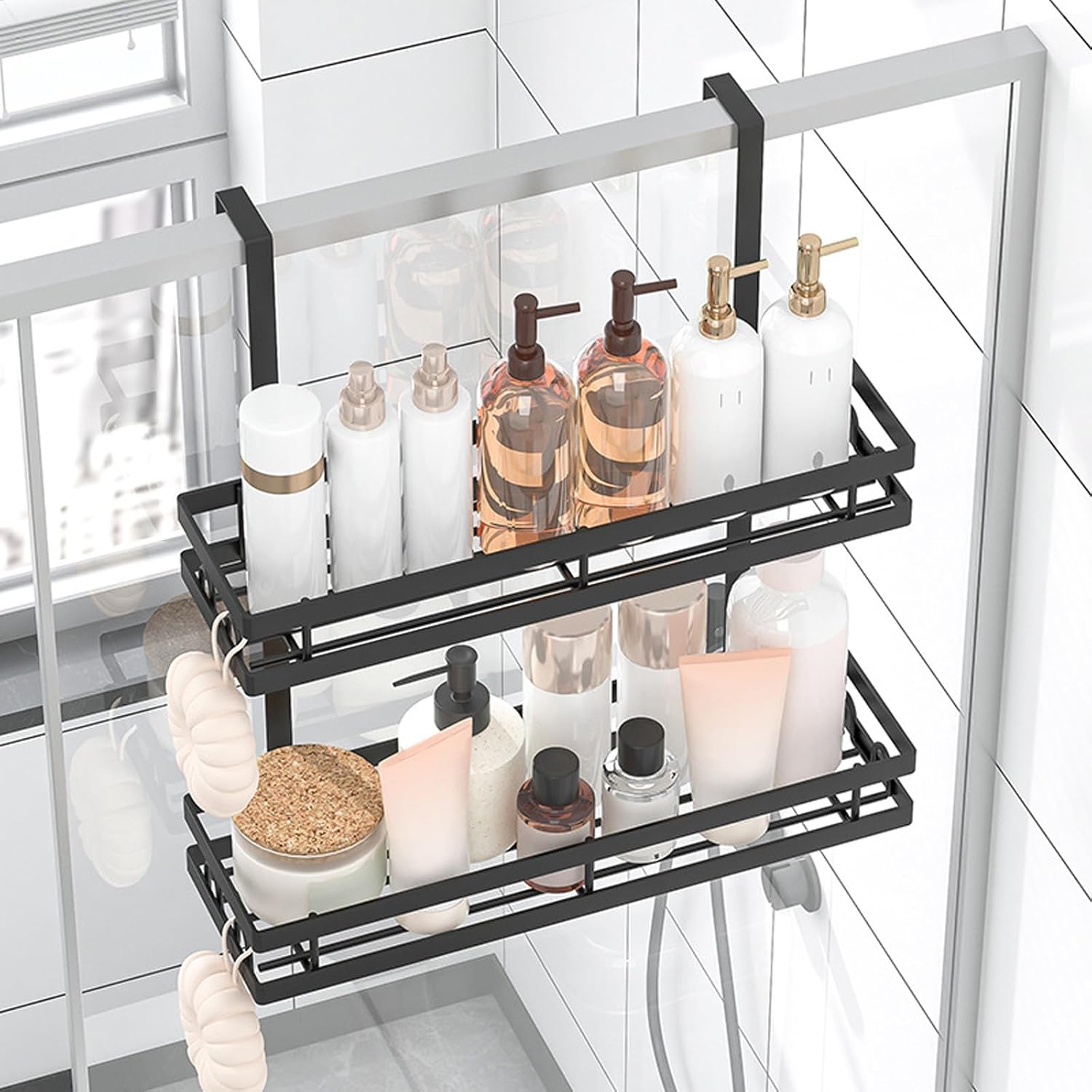 Over the Door Shower Caddy, 2-Tier Hanging Shower Organizer with Hooks | Rustproof Bathroom Shower Storage Rack Basket, No Drilling