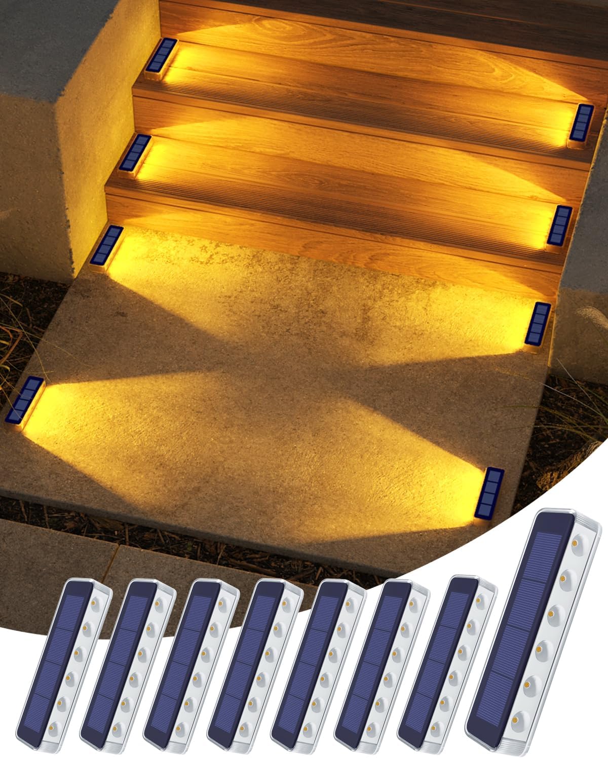 DetarZinLED Solar Step Lights Outdoor IP68 Waterproof 8 Pack Warm White | Solar Power, Auto ON/OFF, Stick on, Sturdy PC Shell, for Outside Stair, Deck, Dock, Walkway, Path, Driveway, Sidewalk, Patio