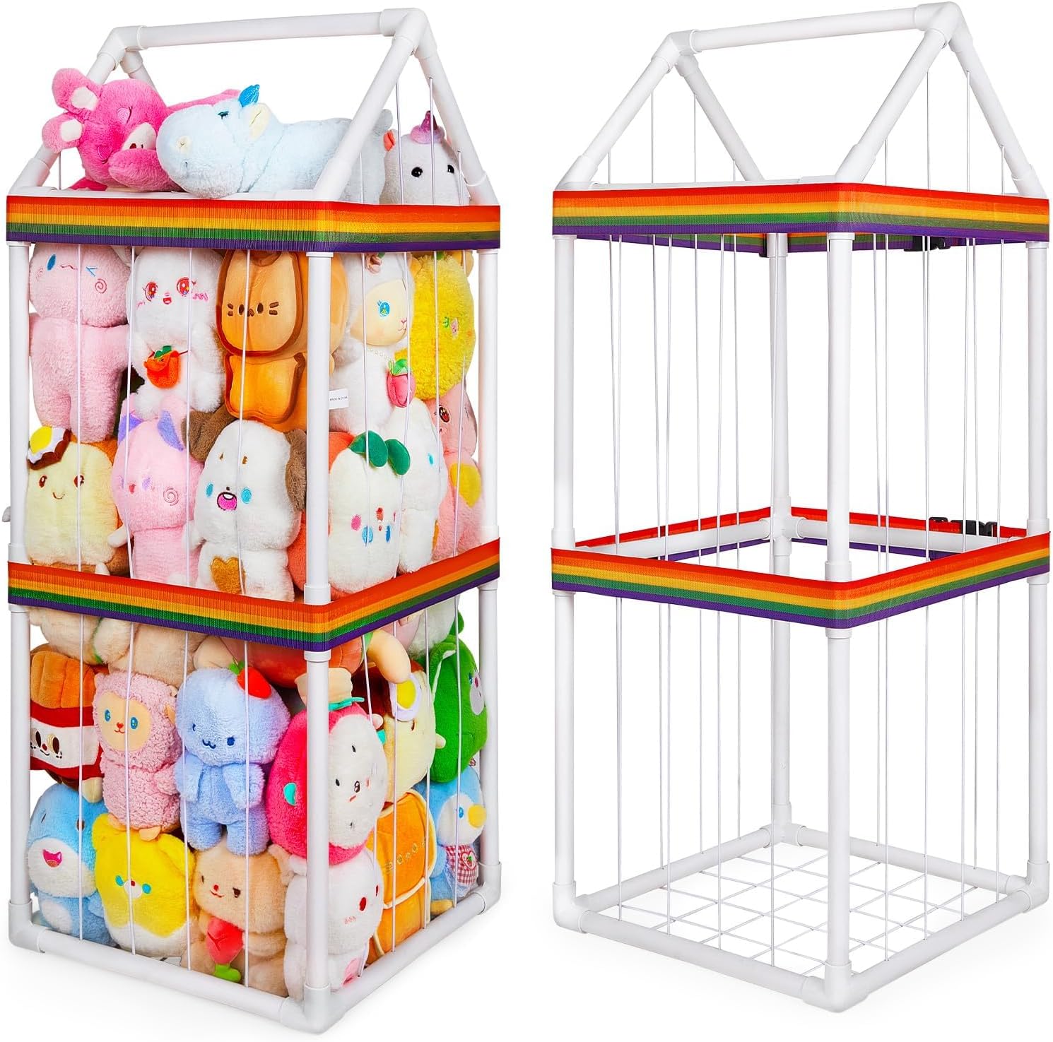 Stuffed Animals Storage Zoo, Kids Plushies Storage Stuffed Animals Holder with Two Rainbow Straps, PVC Tube Stuffy Toy Storage Organizer for Girls Boys Nursery Playroom Room Bedrooms