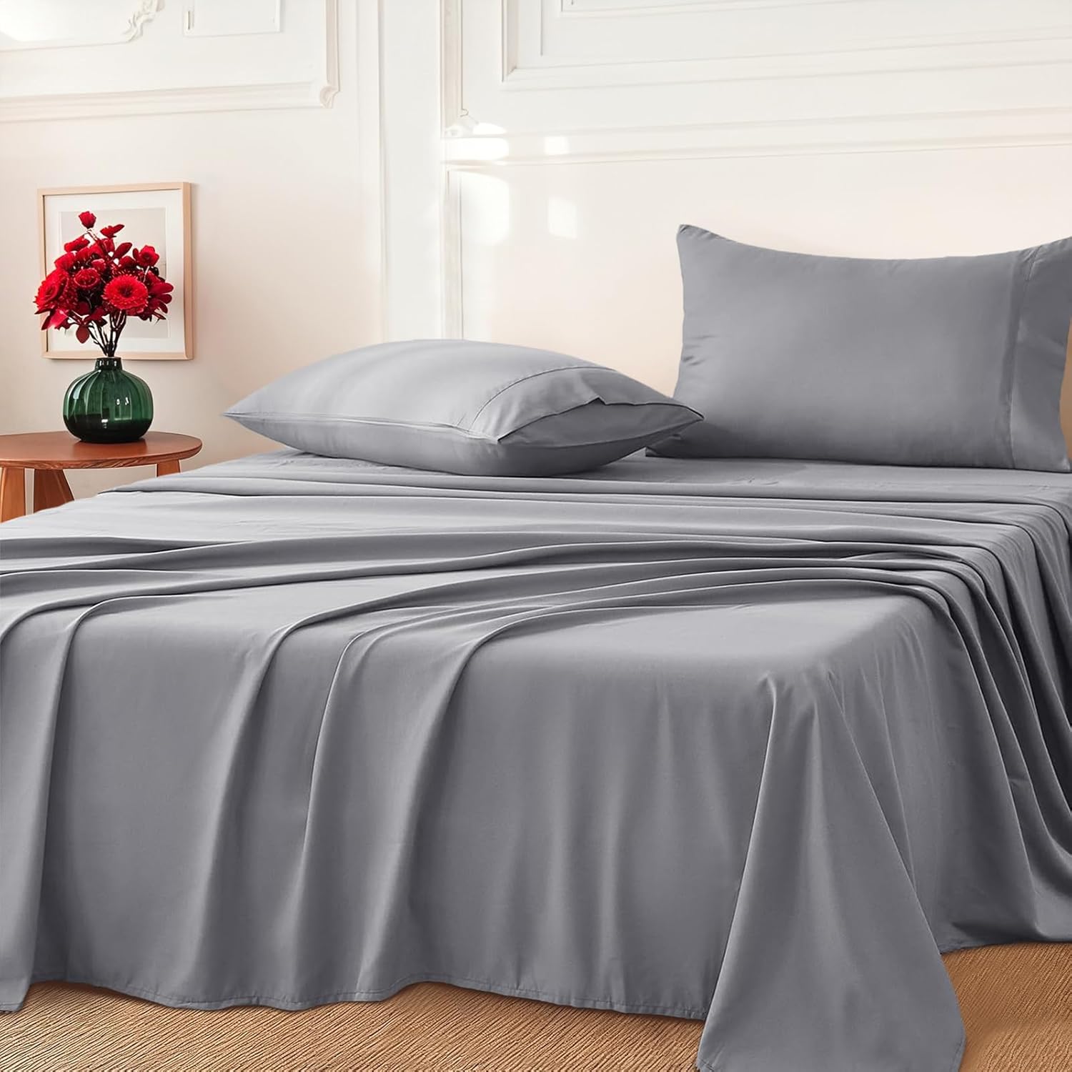 Single Size Bed Sheet Set - 3PCs (Fitted Sheet, Flat Sheet, Pillowcase) - 1000TC Ultra Soft Microfiber Breathable Bedding -Luxury Hotel Style, Light Grey-1