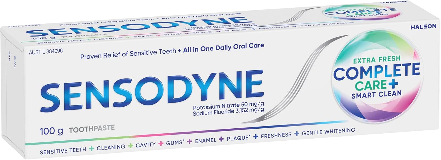 Sensodyne Complete Care + Smart Clean Fluoride Toothpaste, Extra Fresh,100g | Sensitive Toothpaste| All in One Care for Strong Enamel, Healthy Gums, Cavity Protection, Remove Stains & Plaque, Whitening