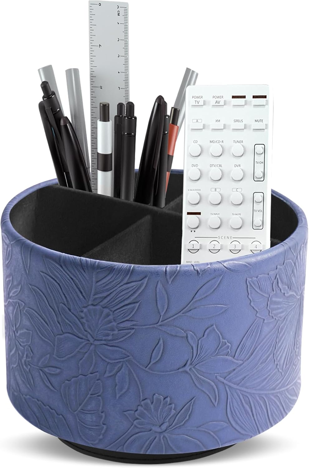 Round Leather Art Supply Organizer,Remote Control Holder,360 Degree Spinning,Multi-Functional Pencil Holder,4 Compartments Desktop Stationary Organizer(1-Carved Dark Blue)