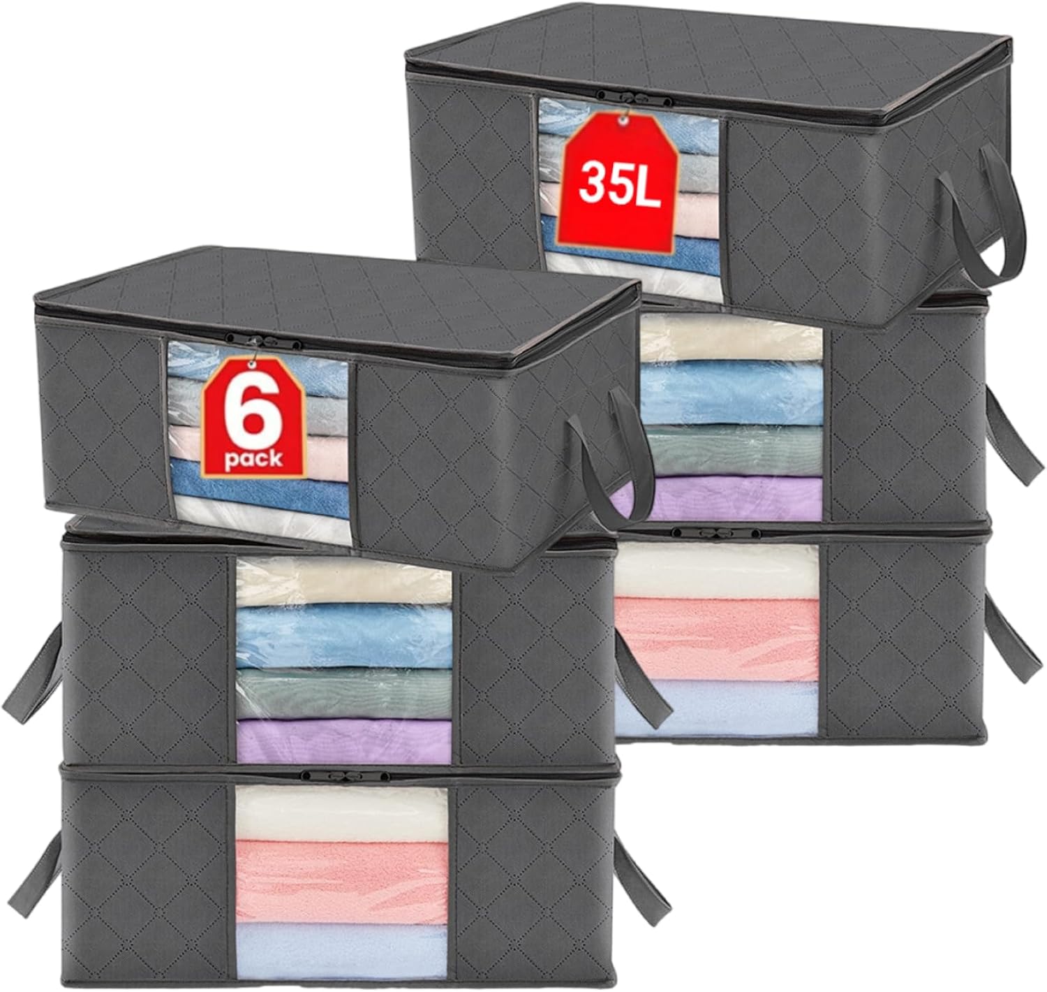 6 Pack Clothes Storage Bag, Foldable Storage Bin Closet Organizer with Durable Handle, Sturdy Fabric Blanket Storage with Clear Window, Storage Containers for Clothing, Bedding, Gray (35, Liters)